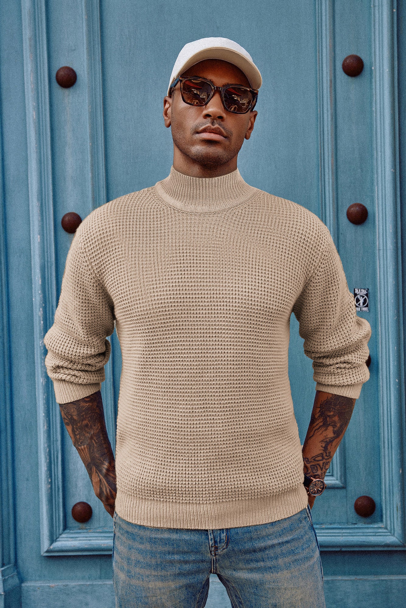Mock Neck Sweaters Waffle Cable Knit Pullover Sweater - Image 9