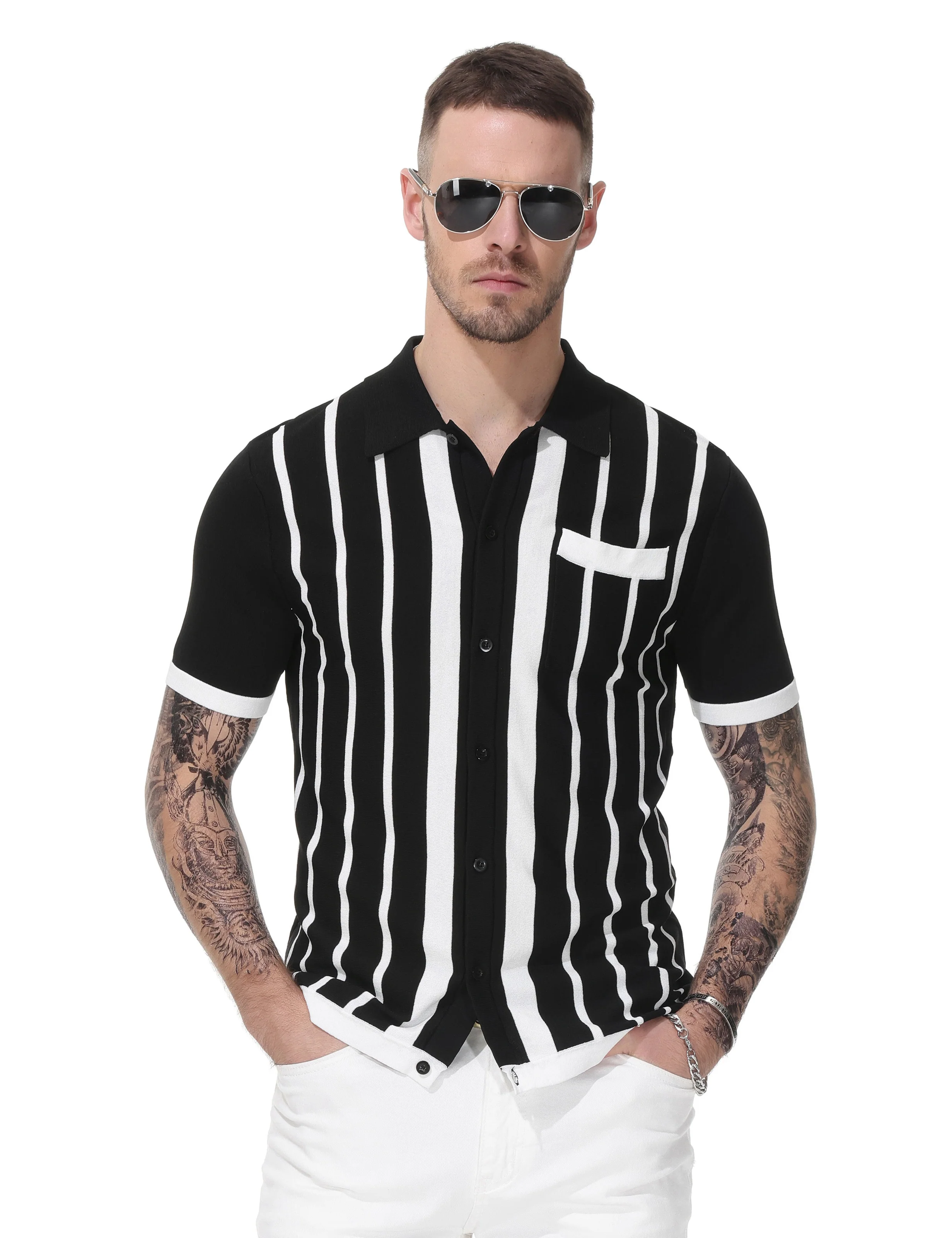 Mens Polo Shirts Vintage Striped Button Down Knitted Golf Cardigans Shirts - Image 12