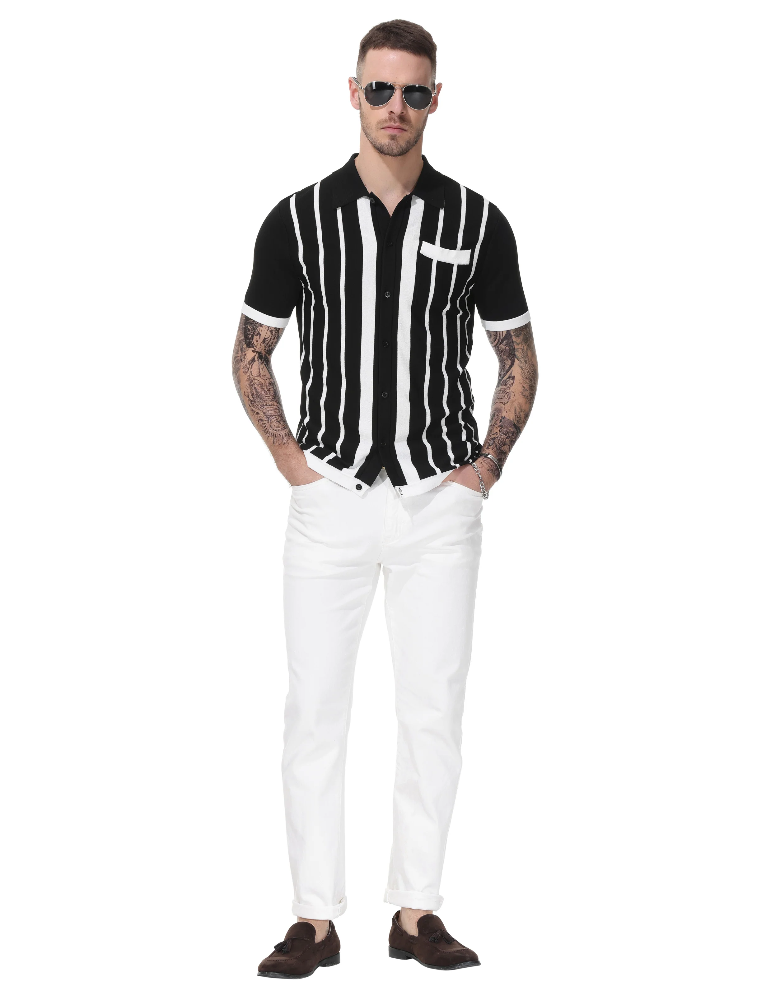 Mens Polo Shirts Vintage Striped Button Down Knitted Golf Cardigans Shirts - Image 13