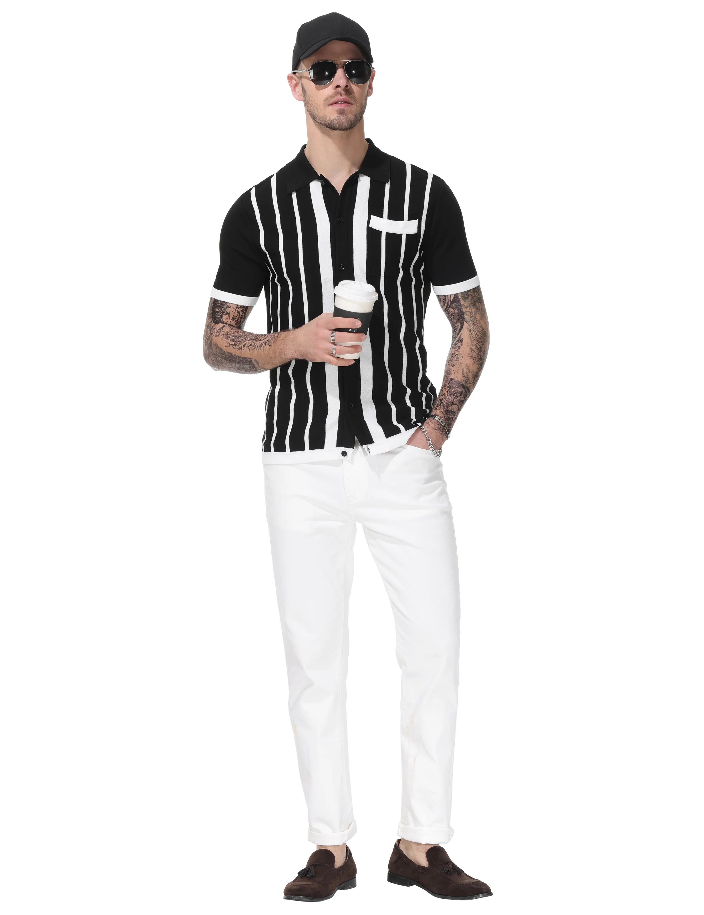 Mens Polo Shirts Vintage Striped Button Down Knitted Golf Cardigans Shirts - Image 14