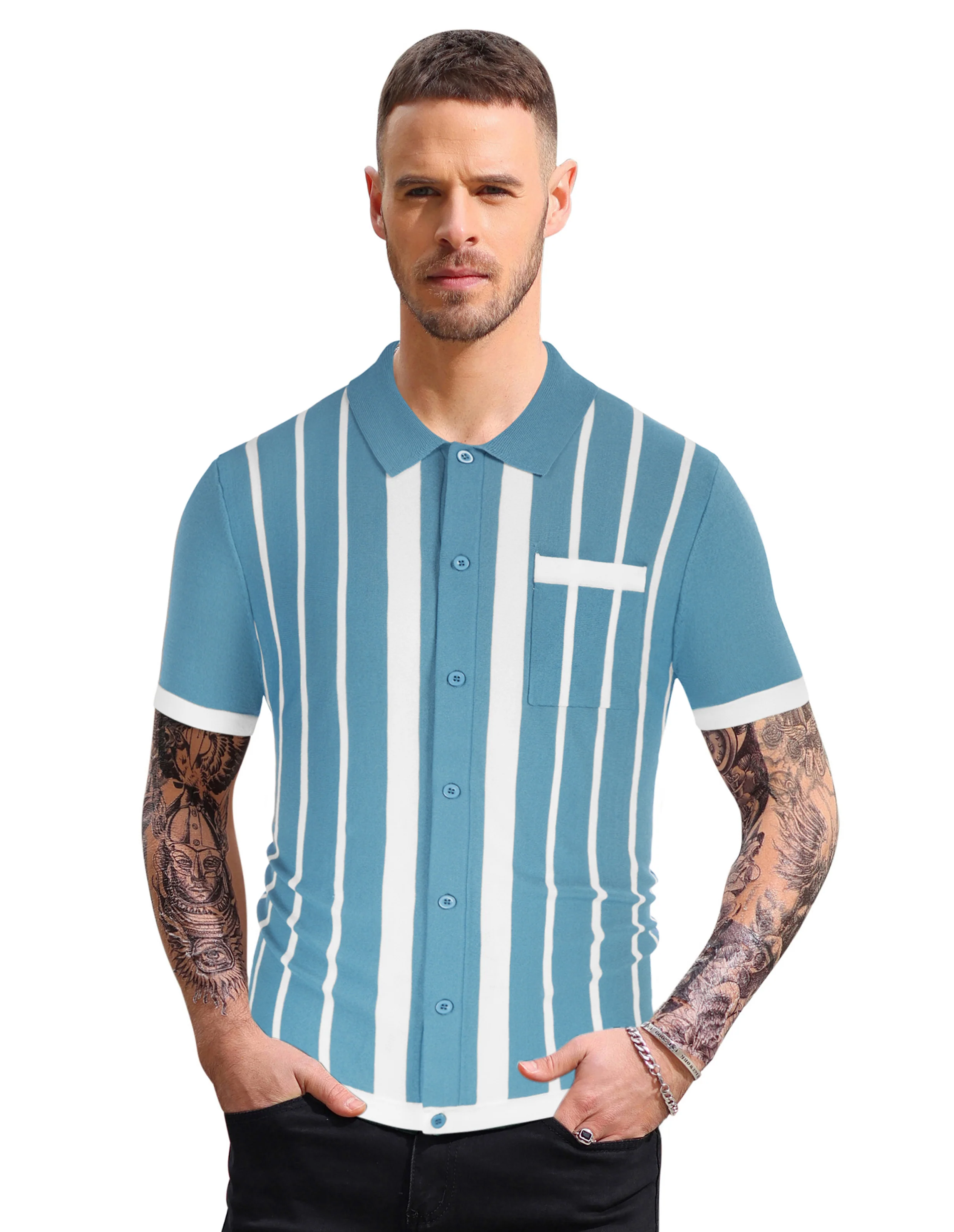 Mens Polo Shirts Vintage Striped Button Down Knitted Golf Cardigans Shirts - Image 17