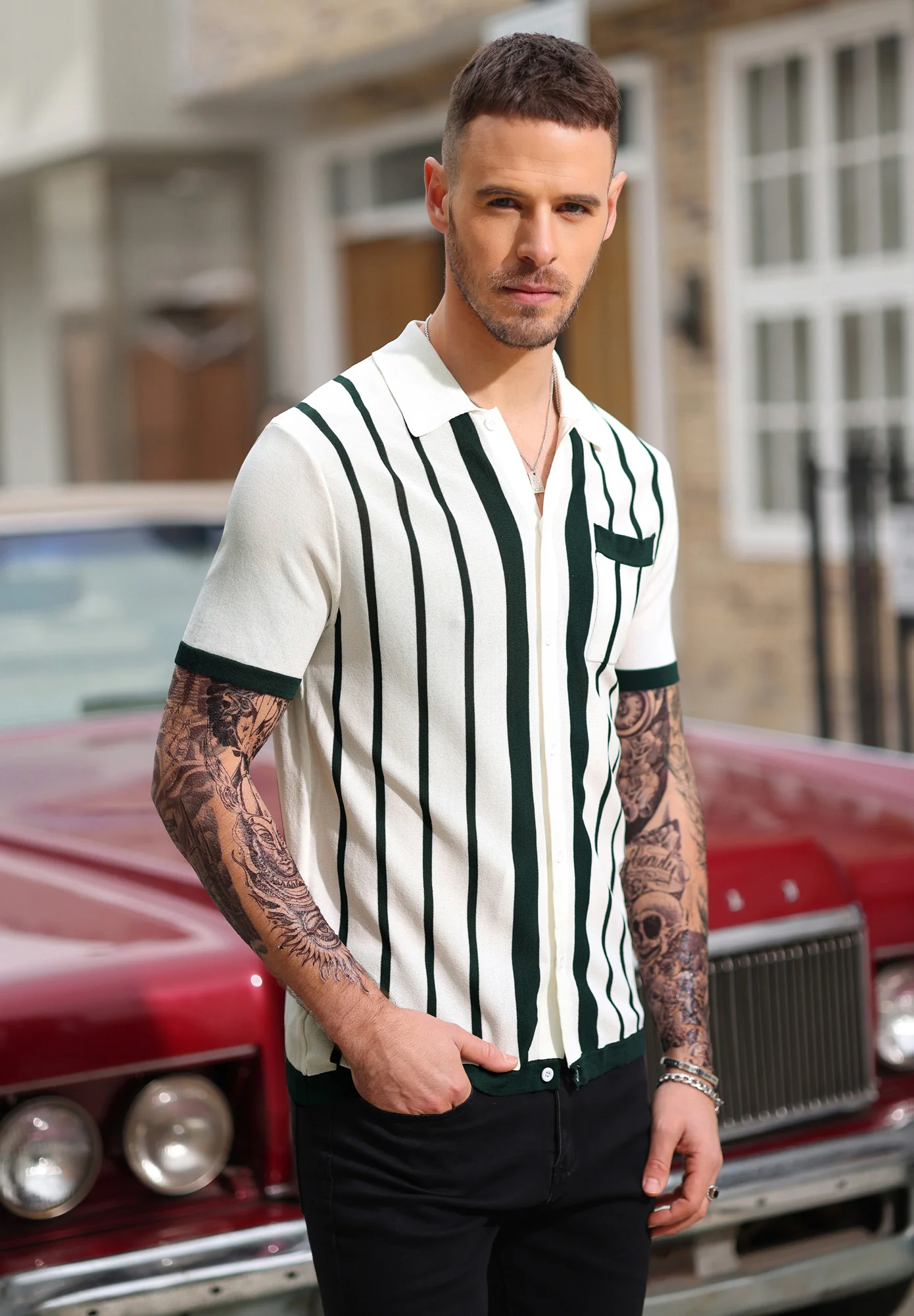 Mens Polo Shirts Vintage Striped Button Down Knitted Golf Cardigans Shirts - Image 5