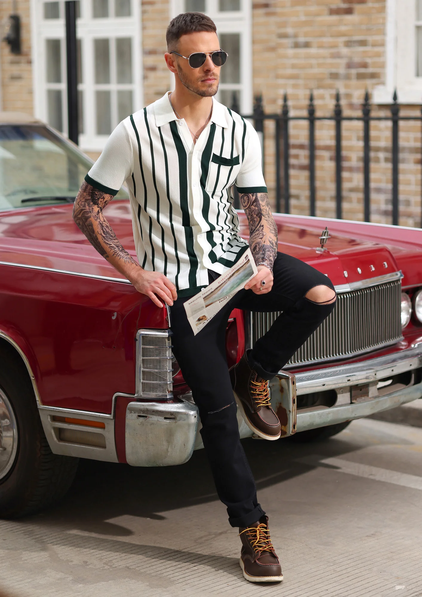 Mens Polo Shirts Vintage Striped Button Down Knitted Golf Cardigans Shirts - Image 6