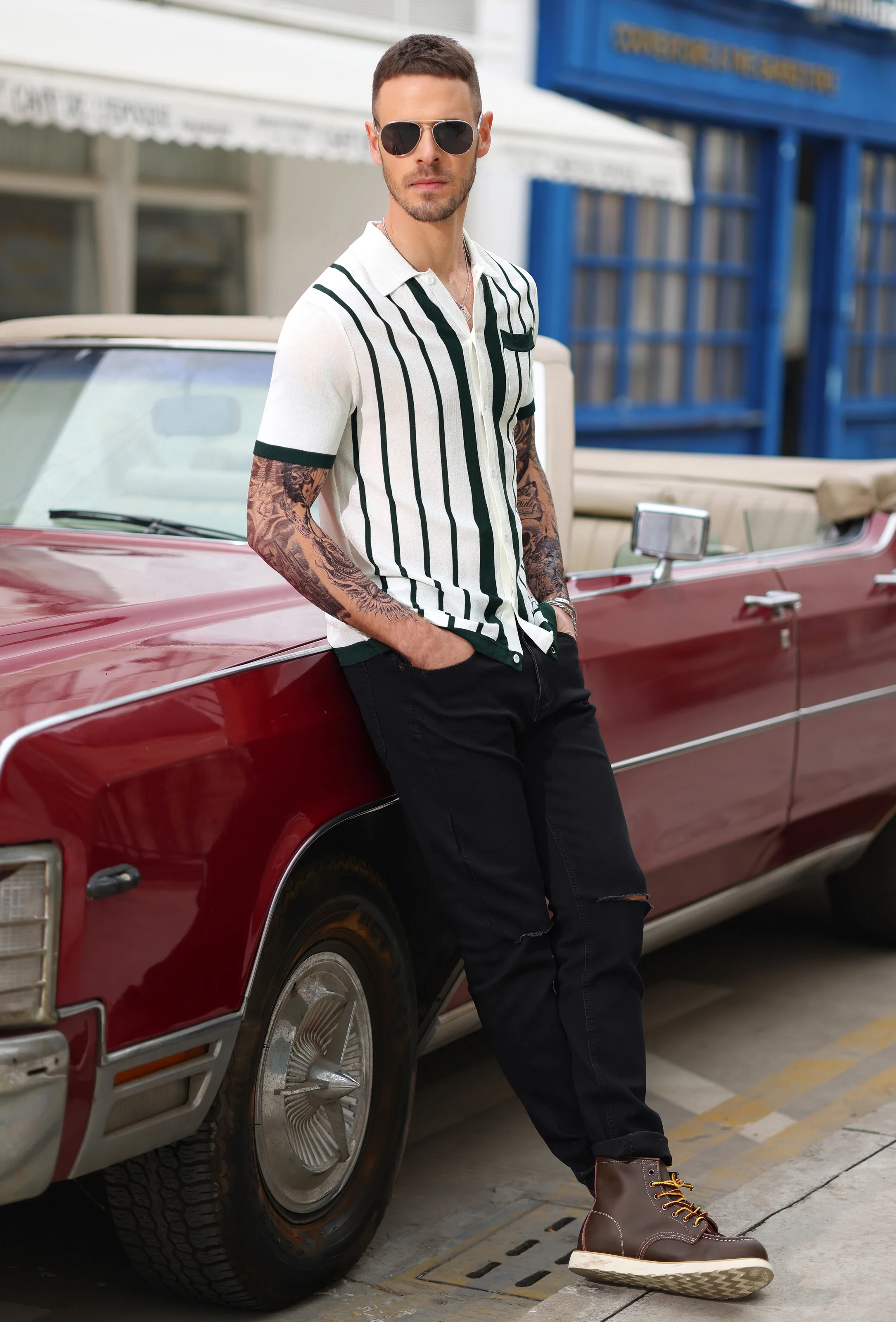 Mens Polo Shirts Vintage Striped Button Down Knitted Golf Cardigans Shirts - Image 7