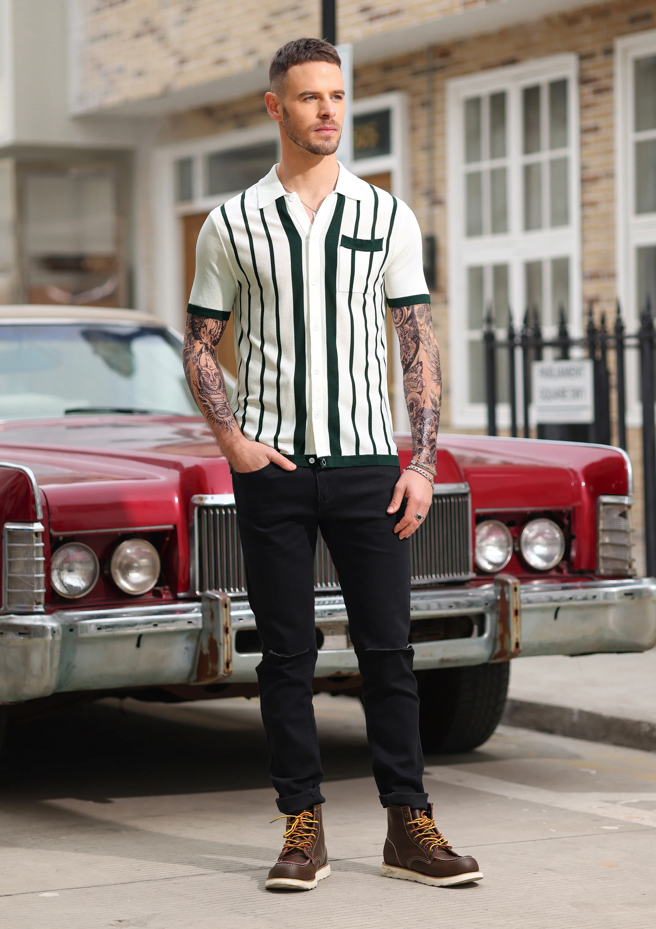 Mens Polo Shirts Vintage Striped Button Down Knitted Golf Cardigans Shirts - Image 8