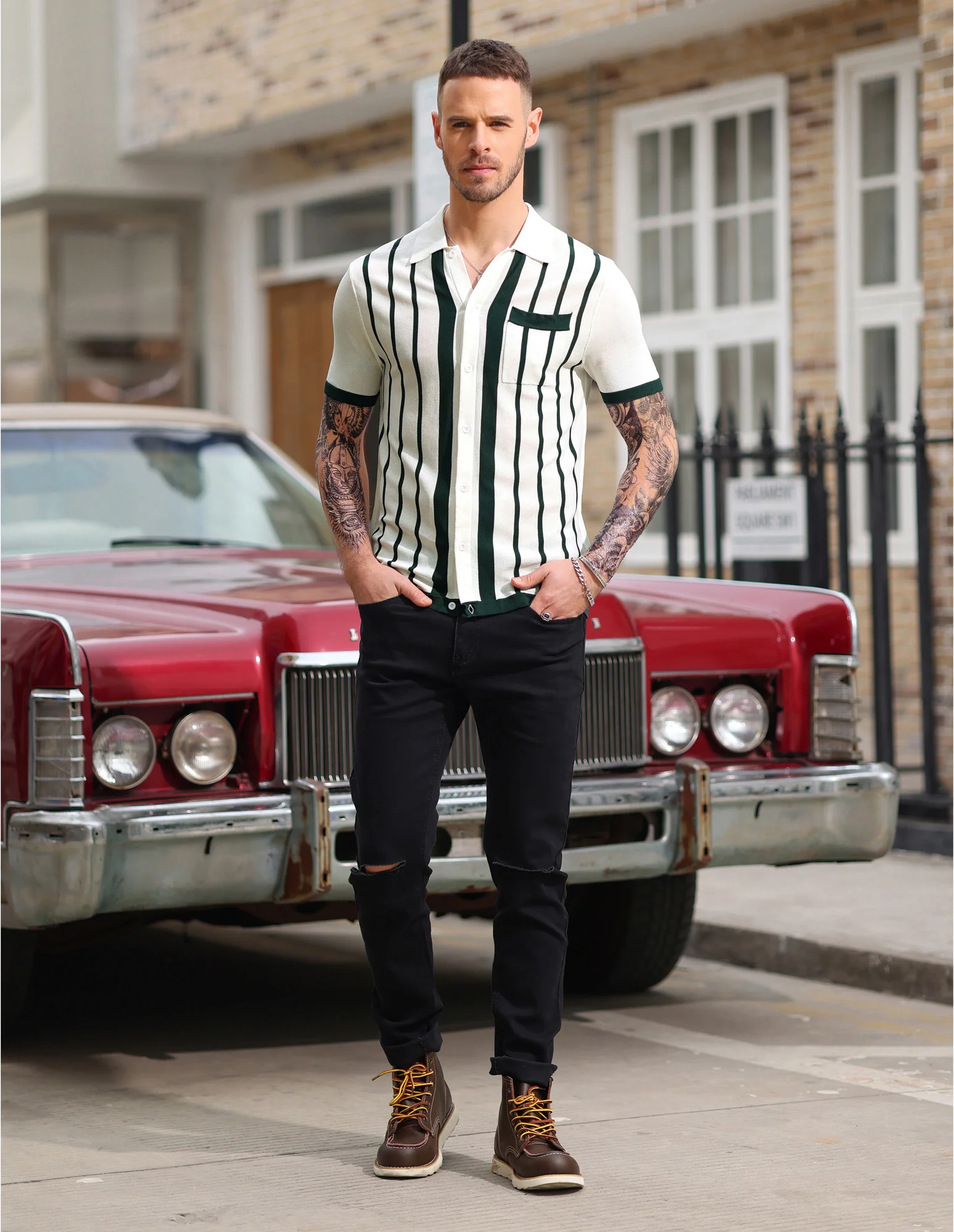 Mens Polo Shirts Vintage Striped Button Down Knitted Golf Cardigans Shirts - Image 9