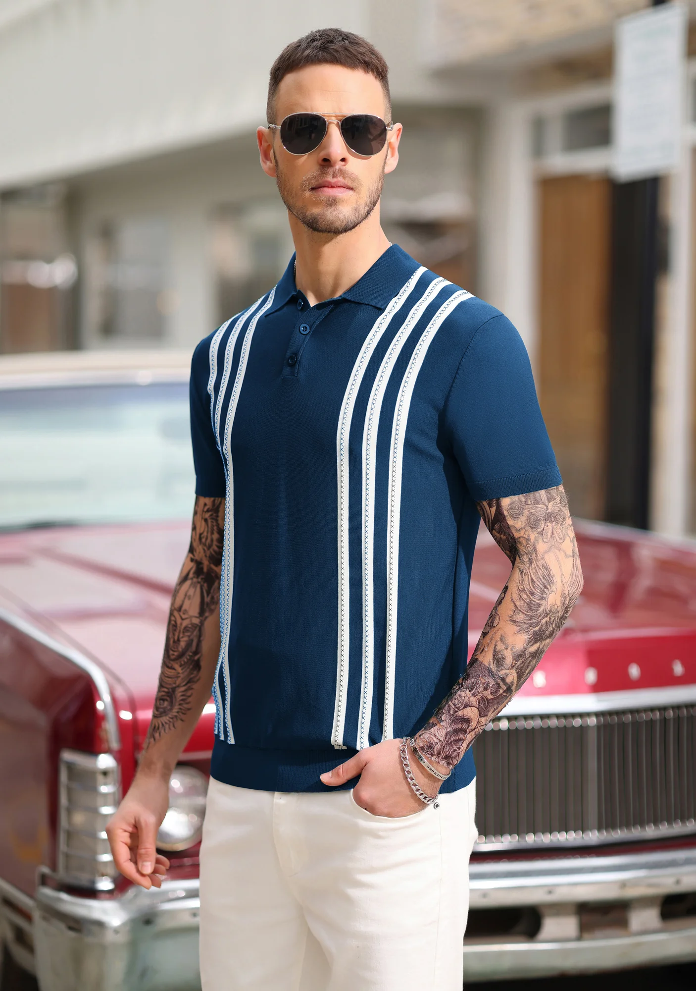 PJ Paul Jones Men's Vintage Stripe Knitted Polo Pullover Shirts Short Sleeve Golf Knit Mens Polo Shirt - Image 10