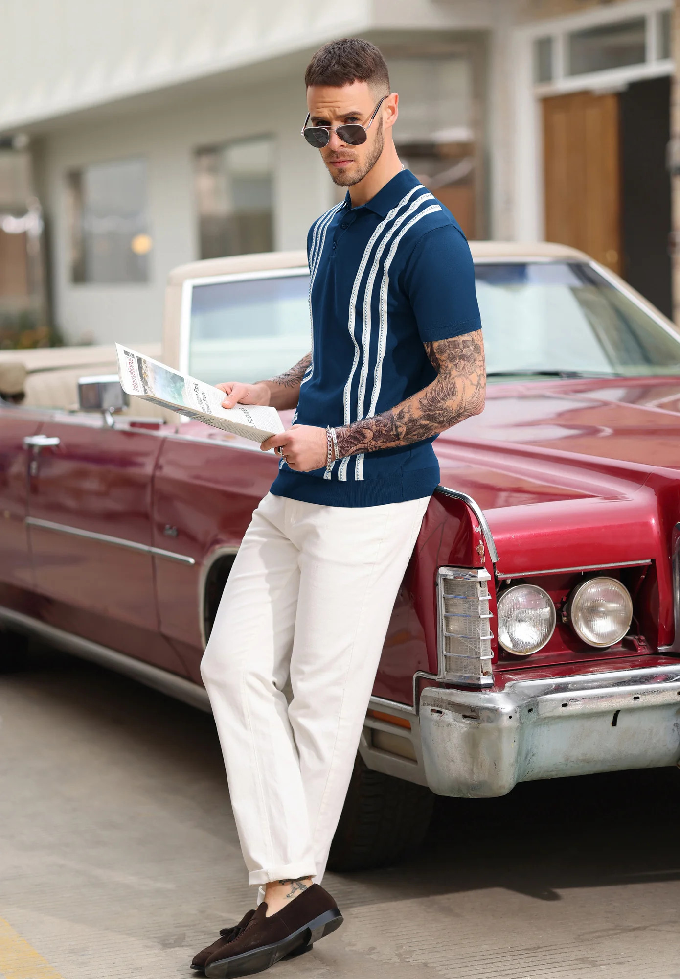 PJ Paul Jones Men's Vintage Stripe Knitted Polo Pullover Shirts Short Sleeve Golf Knit Mens Polo Shirt - Image 11