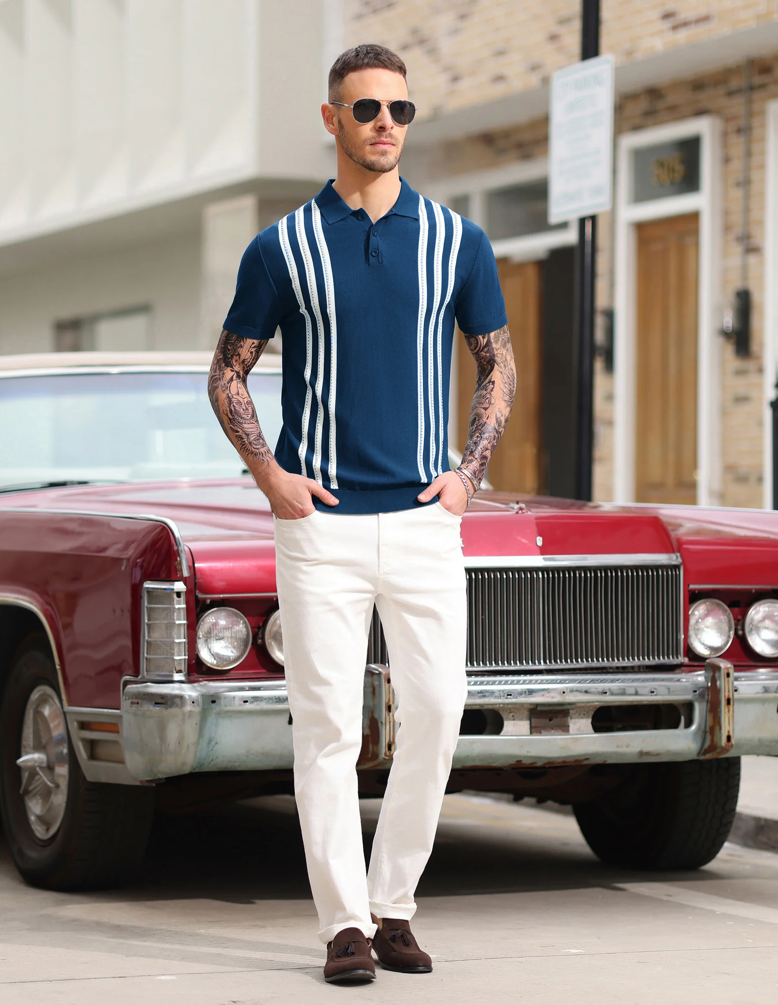 PJ Paul Jones Men's Vintage Stripe Knitted Polo Pullover Shirts Short Sleeve Golf Knit Mens Polo Shirt - Image 12