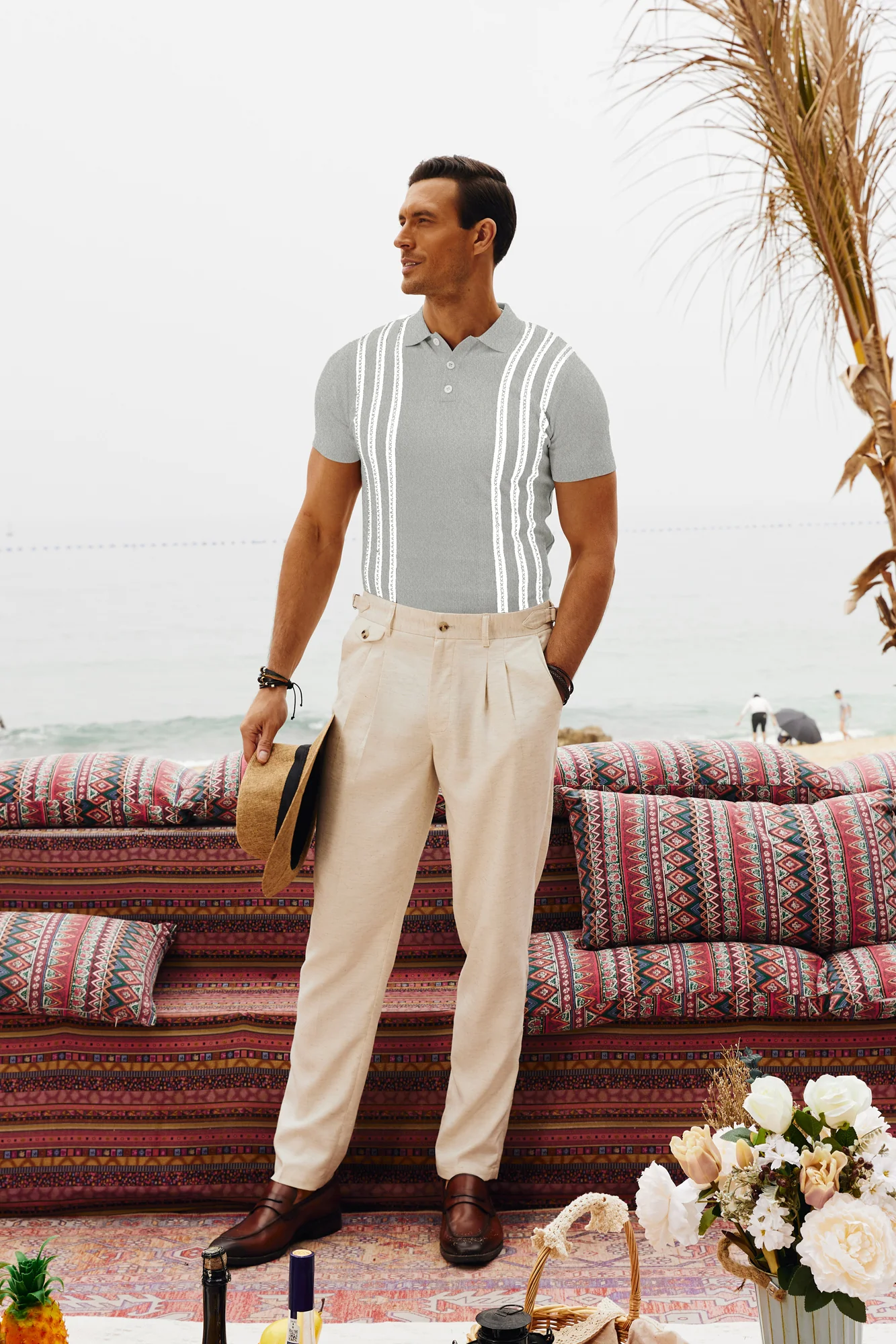 PJ Paul Jones Men's Vintage Stripe Knitted Polo Pullover Shirts Short Sleeve Golf Knit Mens Polo Shirt - Image 6