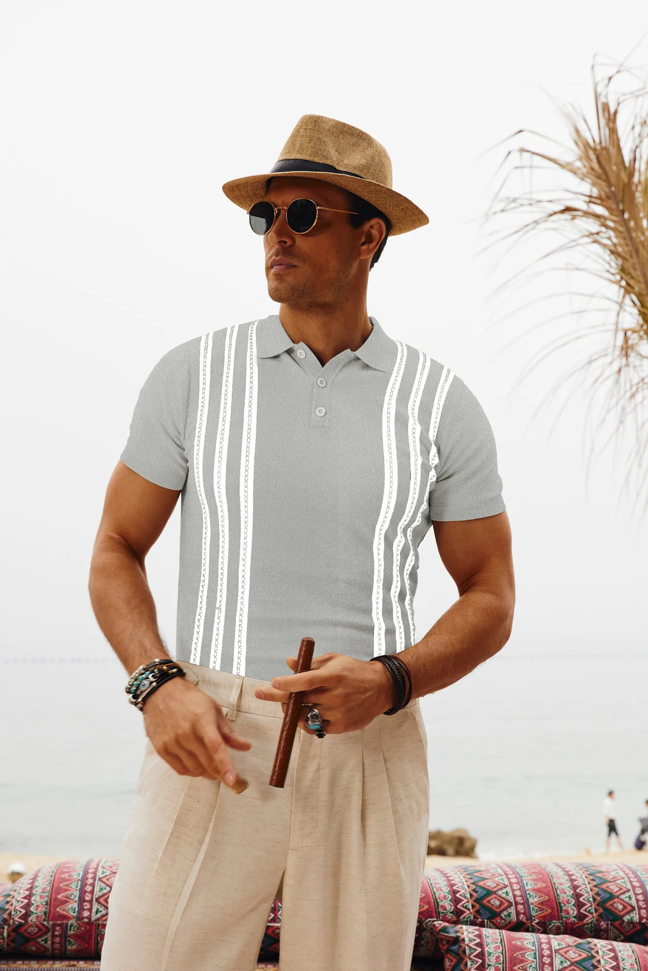 PJ Paul Jones Men's Vintage Stripe Knitted Polo Pullover Shirts Short Sleeve Golf Knit Mens Polo Shirt - Image 7