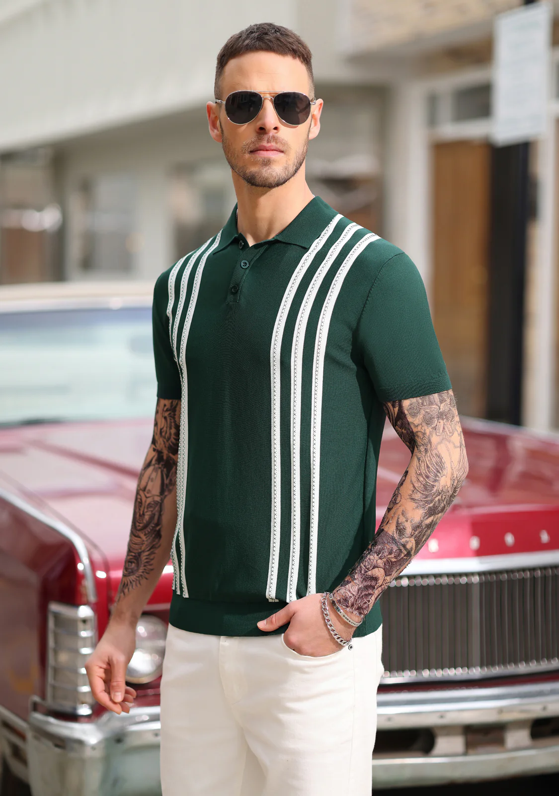 Men's Vintage Stripe Knitted Polo Shirts Short Sleeve Pullover Golf Knit Mens Polo Shirt - Image 10