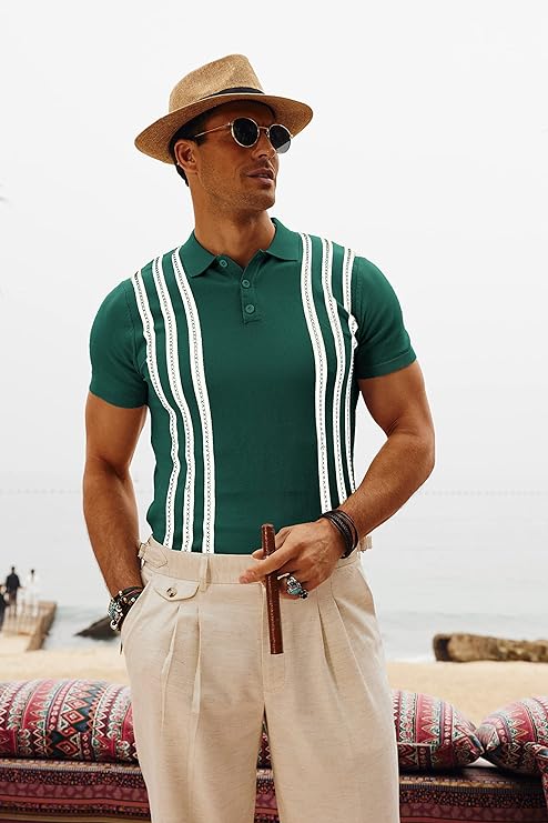 Men's Vintage Stripe Knitted Polo Shirts Short Sleeve Pullover Golf Knit Mens Polo Shirt - Image 11