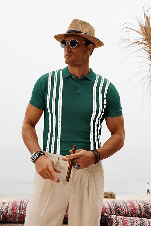 Men's Vintage Stripe Knitted Polo Shirts Short Sleeve Pullover Golf Knit Mens Polo Shirt - Image 12