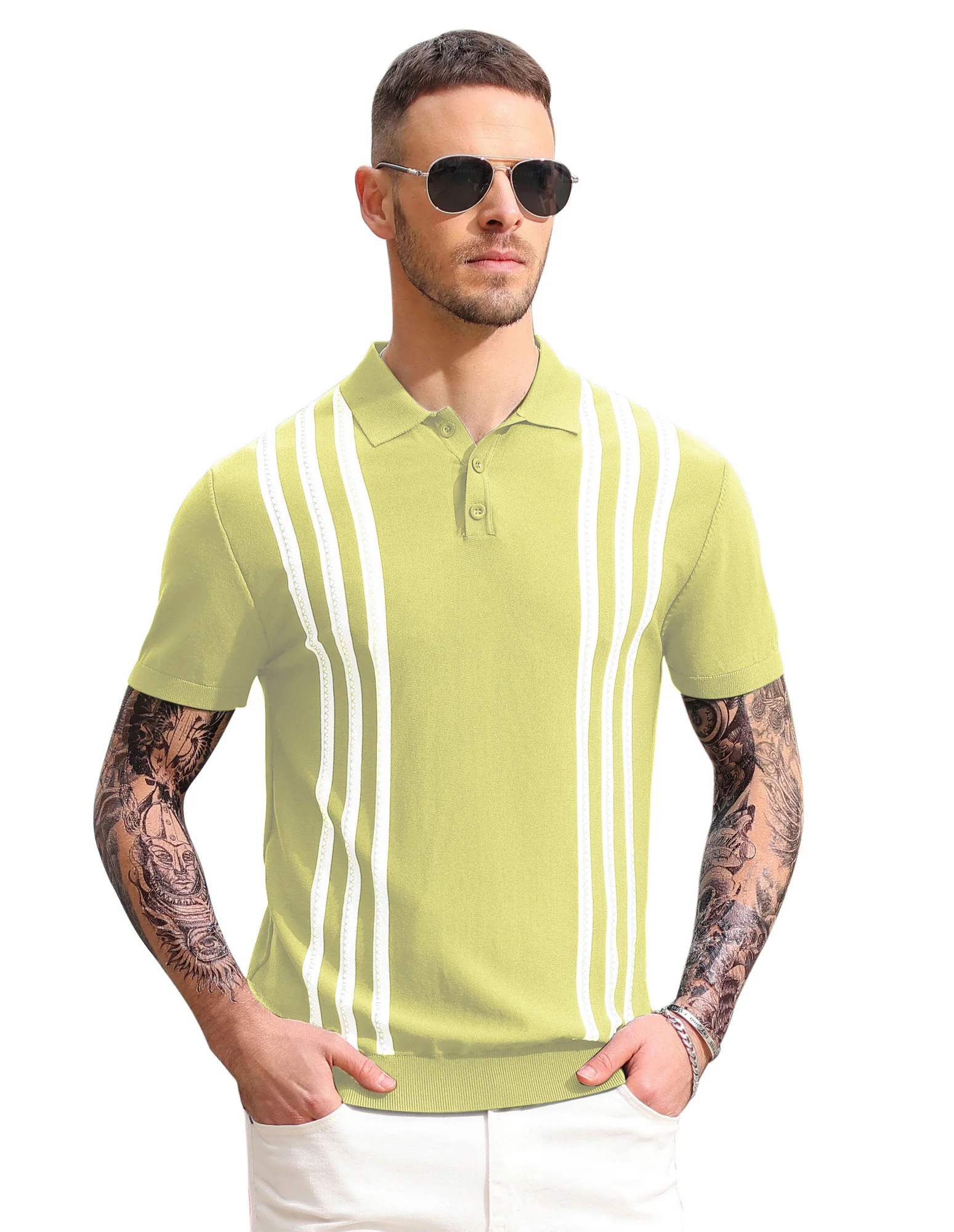 Men's Vintage Stripe Knitted Polo Shirts Short Sleeve Pullover Golf Knit Mens Polo Shirt - Image 15