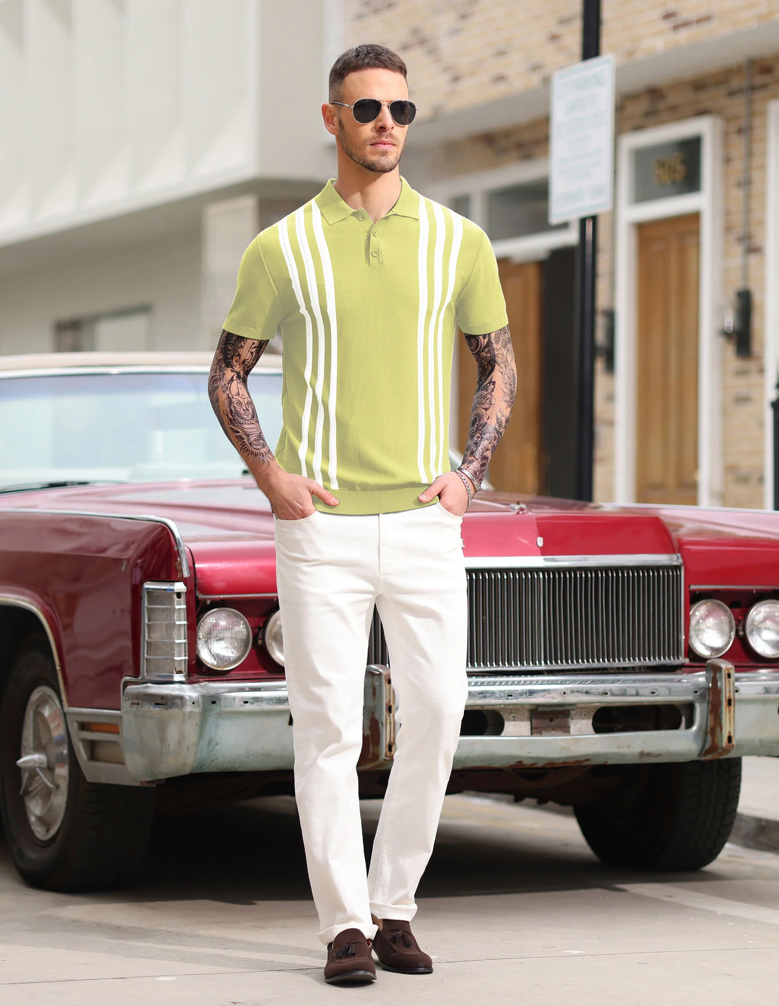 Men's Vintage Stripe Knitted Polo Shirts Short Sleeve Pullover Golf Knit Mens Polo Shirt - Image 16