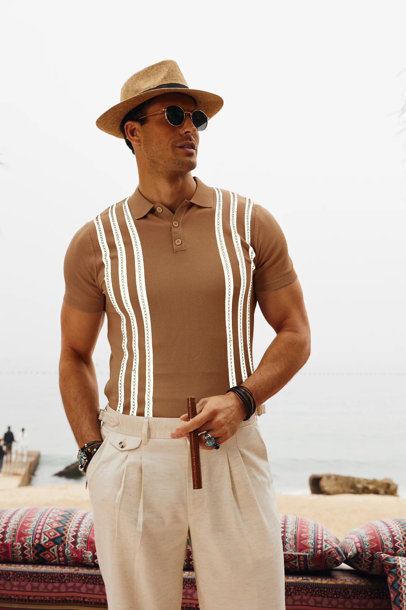 Men's Vintage Stripe Knitted Polo Shirts Short Sleeve Pullover Golf Knit Mens Polo Shirt - Image 20