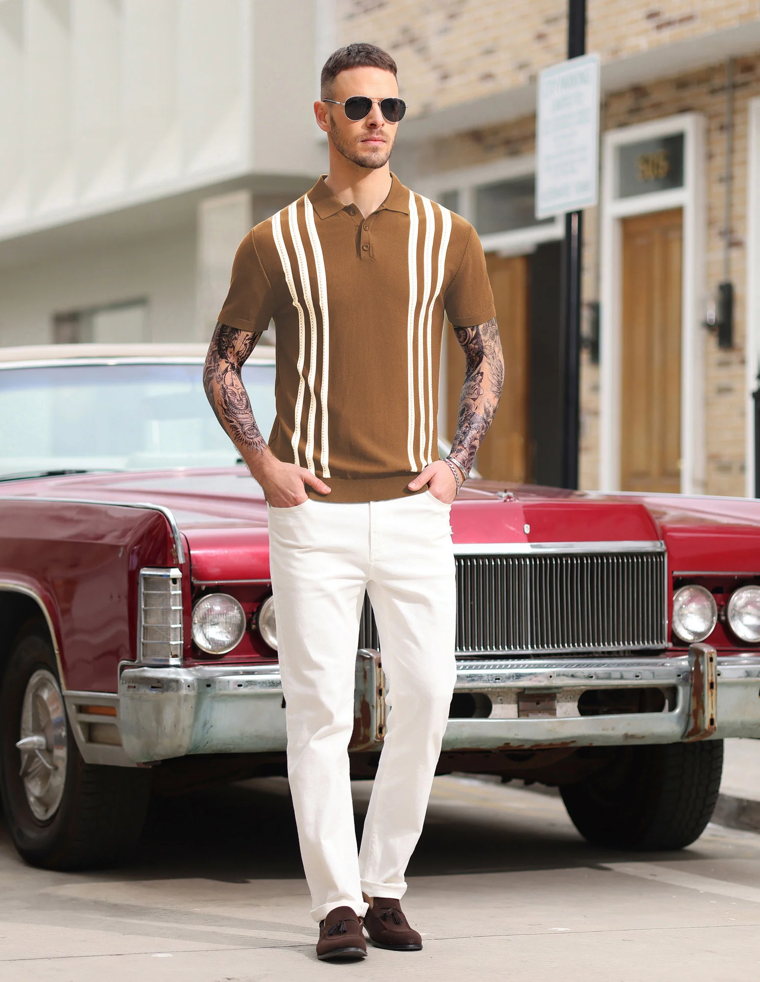 Men's Vintage Stripe Knitted Polo Shirts Short Sleeve Pullover Golf Knit Mens Polo Shirt - Image 22