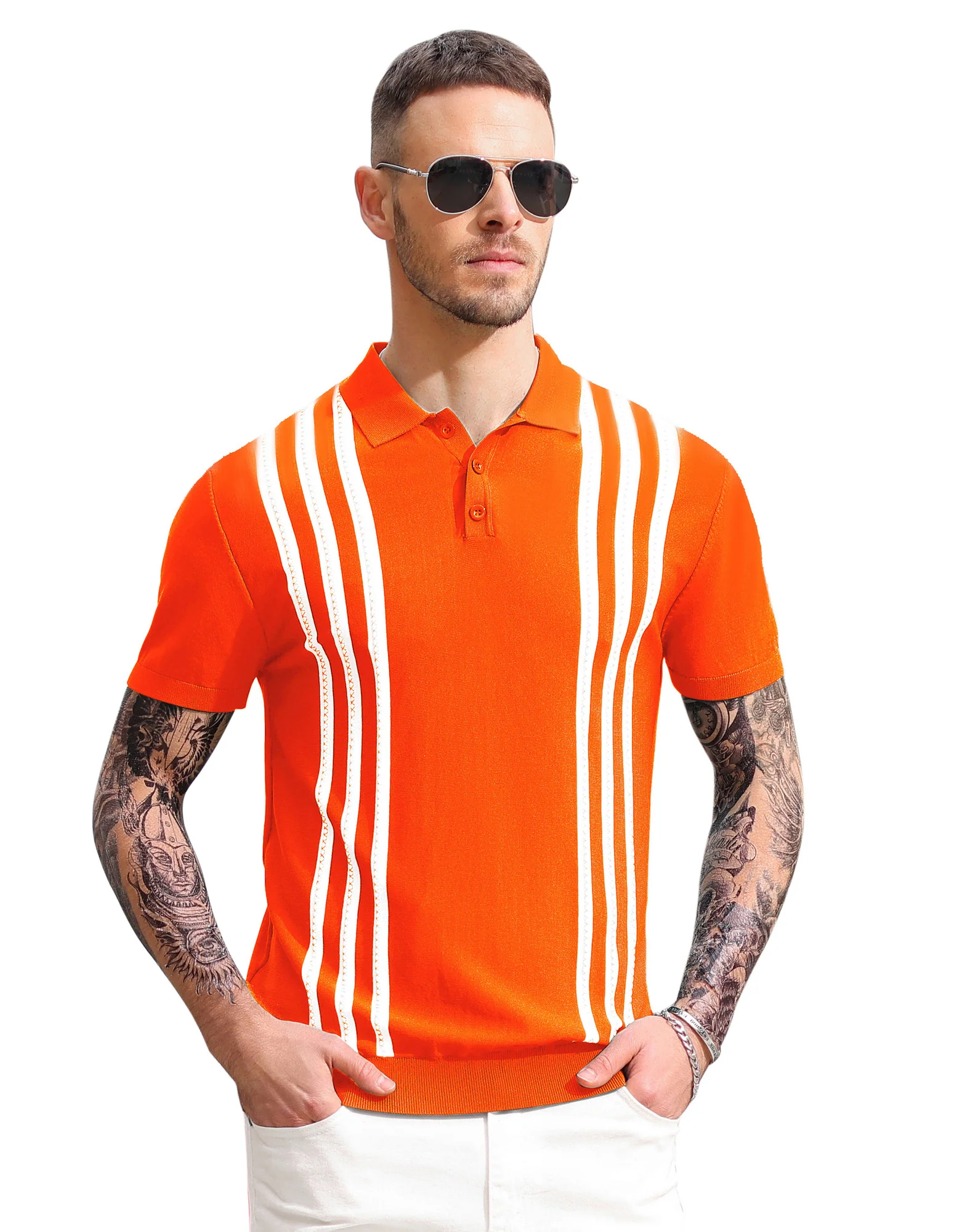 Men's Vintage Stripe Knitted Polo Shirts Short Sleeve Pullover Golf Knit Mens Polo Shirt - Image 25