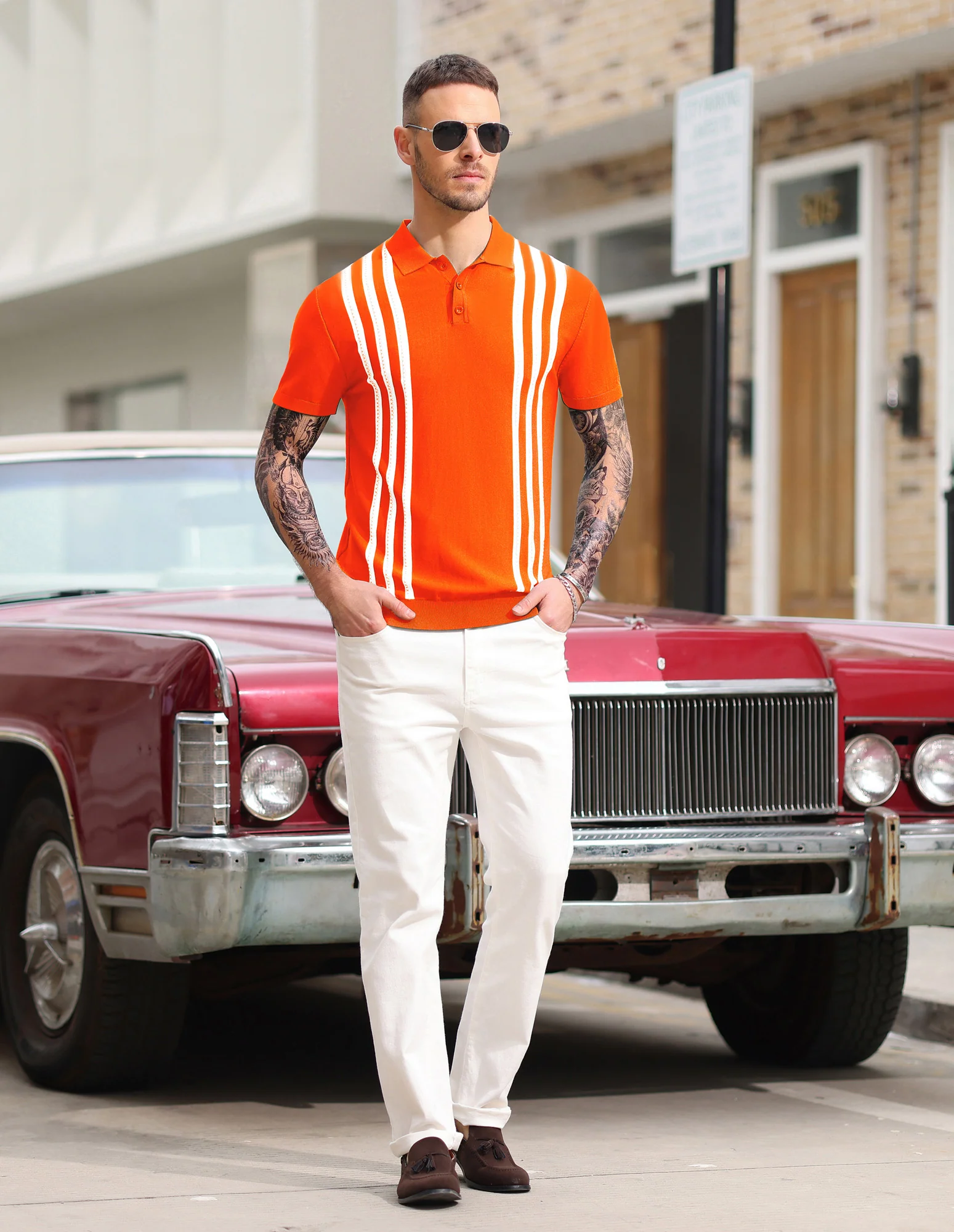 Men's Vintage Stripe Knitted Polo Shirts Short Sleeve Pullover Golf Knit Mens Polo Shirt - Image 26