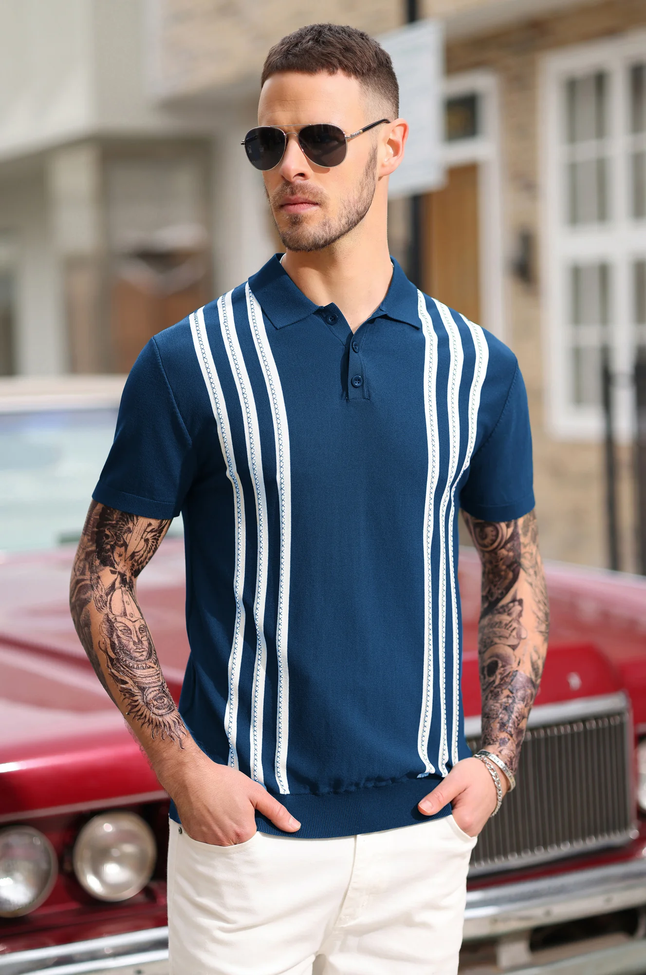 Men's Vintage Stripe Knitted Polo Shirts Short Sleeve Pullover Golf Knit Mens Polo Shirt - Image 29