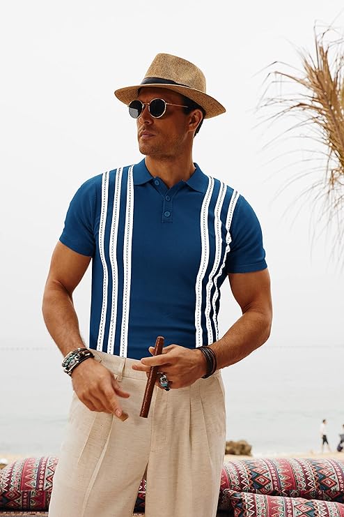 Men's Vintage Stripe Knitted Polo Shirts Short Sleeve Pullover Golf Knit Mens Polo Shirt - Image 33