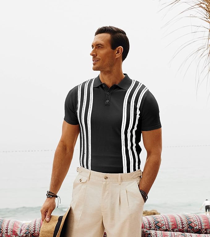 Men's Vintage Stripe Knitted Polo Shirts Short Sleeve Pullover Golf Knit Mens Polo Shirt - Image 35