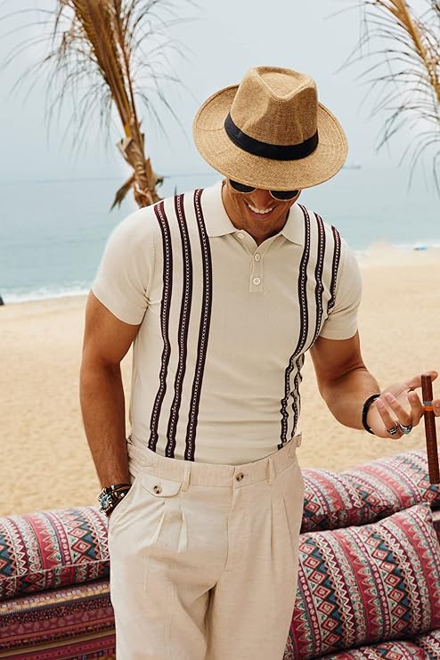 Men's Vintage Stripe Knitted Polo Shirts Short Sleeve Pullover Golf Knit Mens Polo Shirt - Image 5