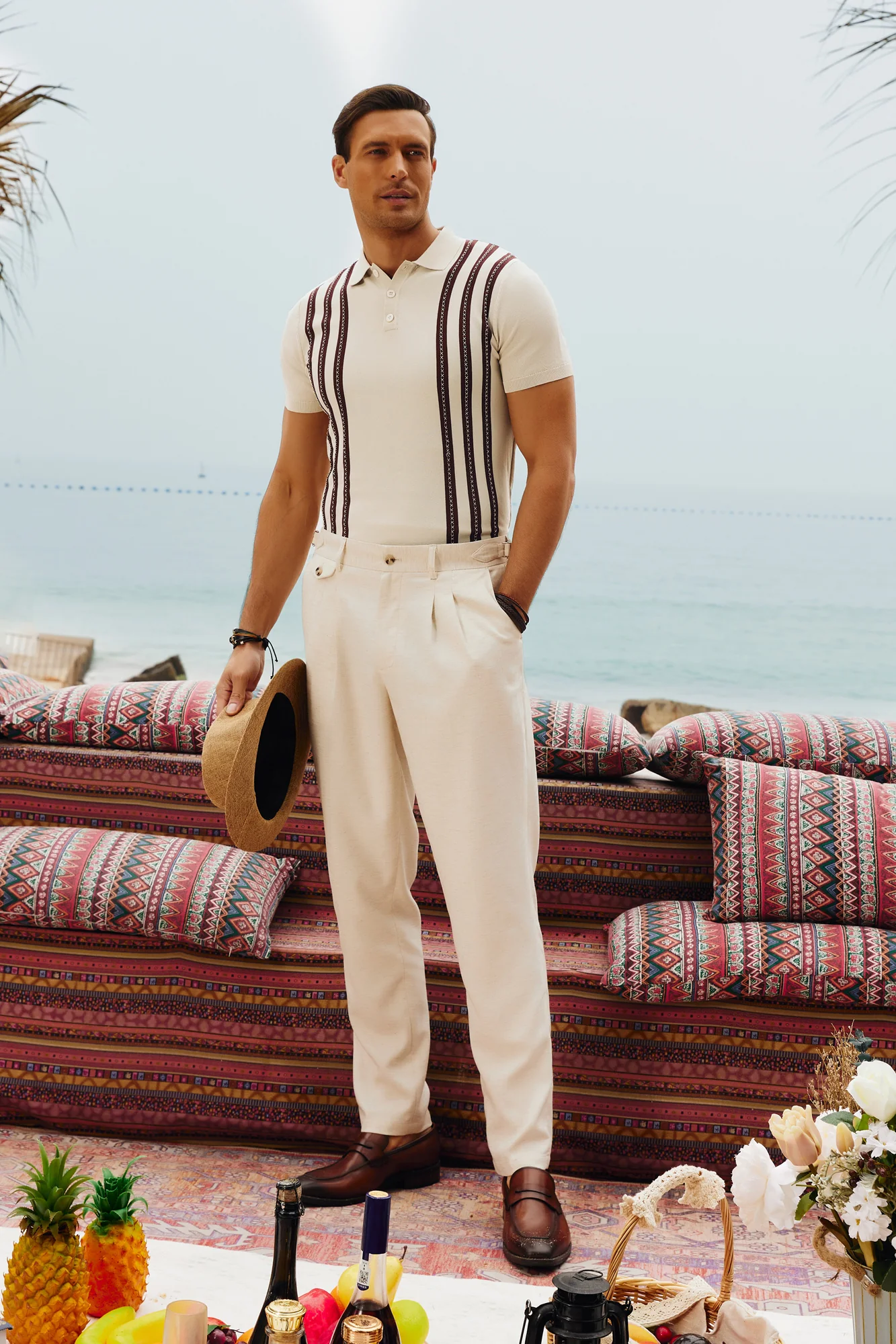 Men's Vintage Stripe Knitted Polo Shirts Short Sleeve Pullover Golf Knit Mens Polo Shirt - Image 7
