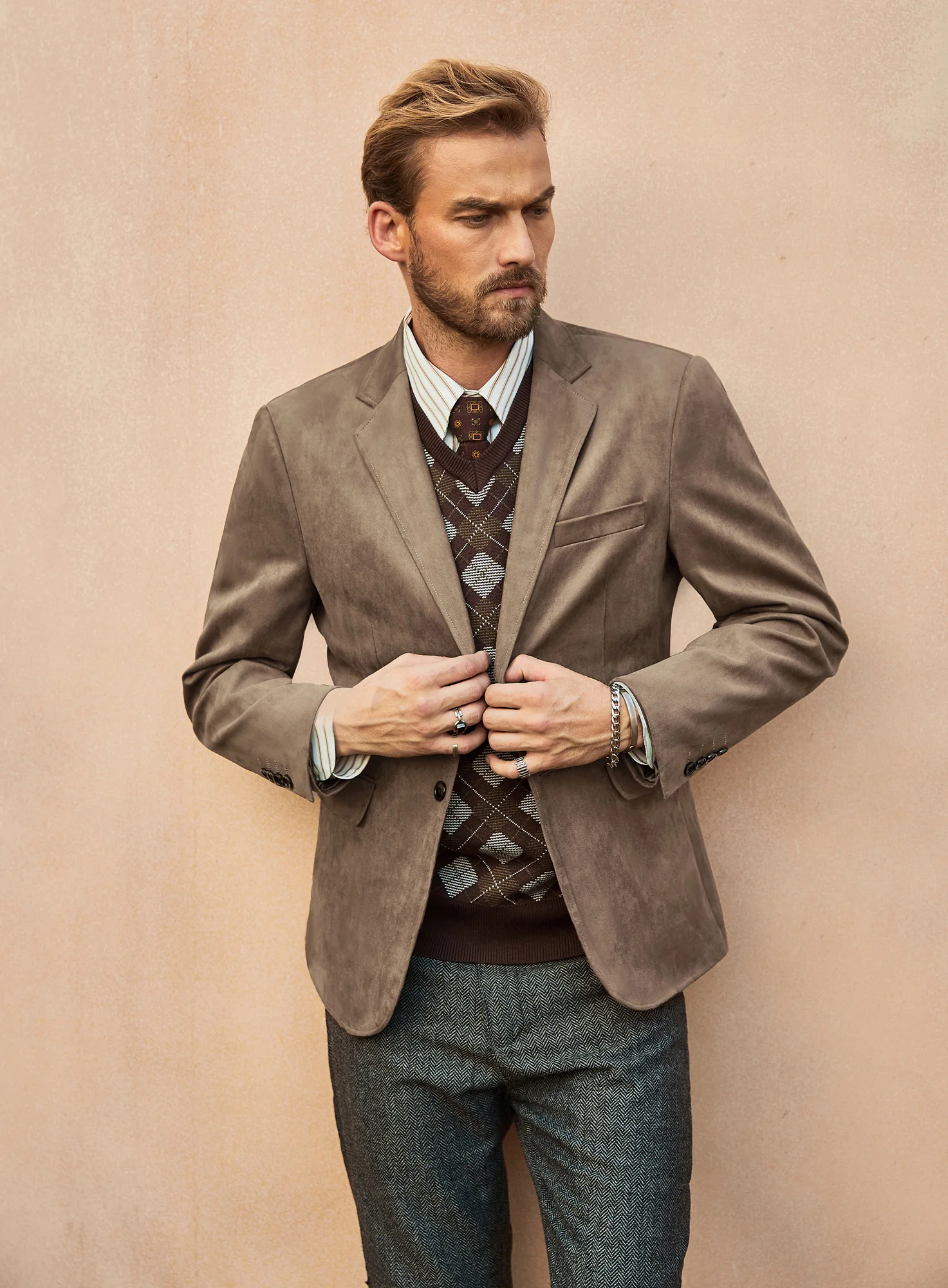 Paul Jones Men Faux Suede Blazer Coat Casual Notch Lapel Two Buttons Coat - Image 53