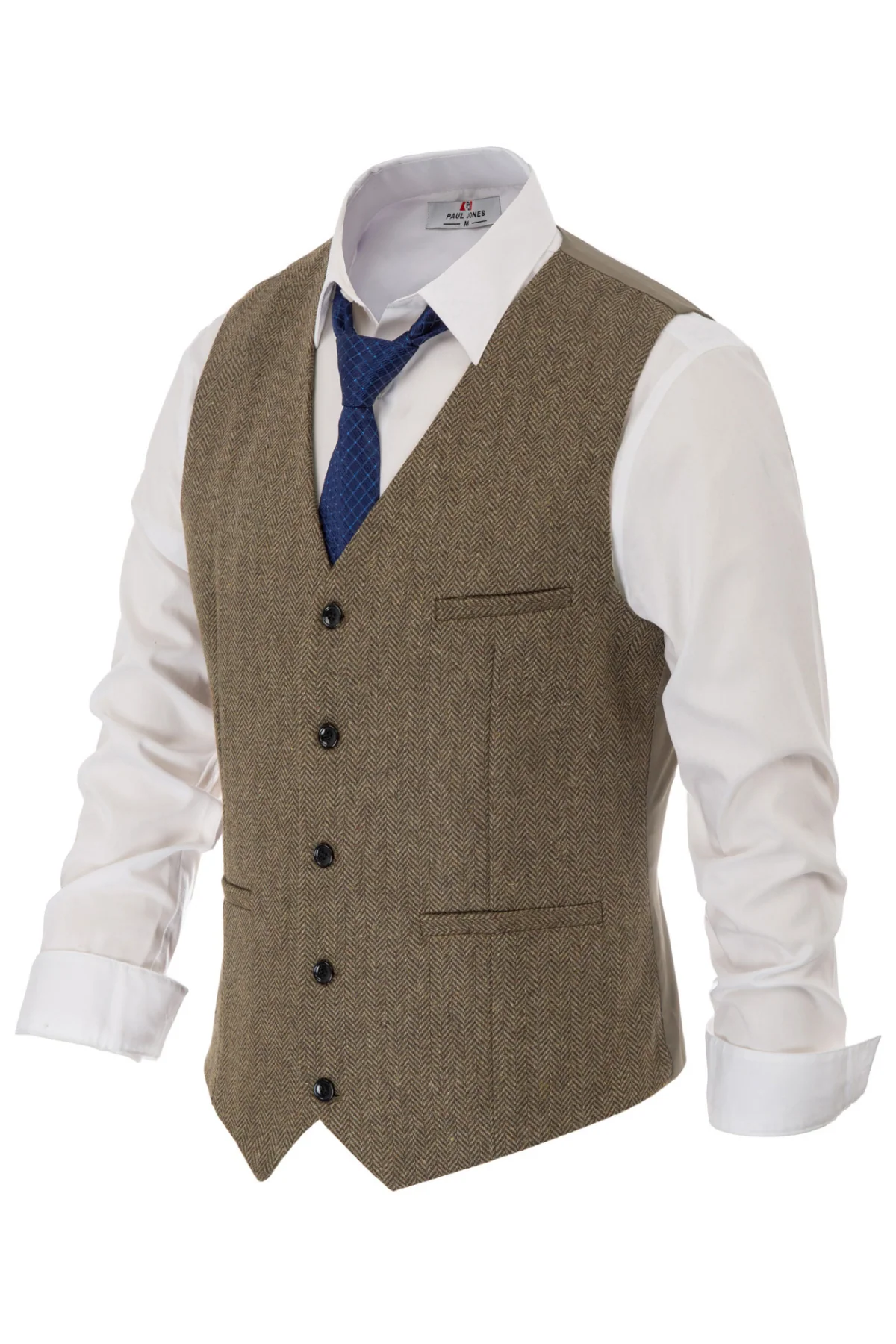 Men's Western Herringbone Tweed Suit Vest Wool Blend V Neck Slim Fit Waistcoat - Image 10