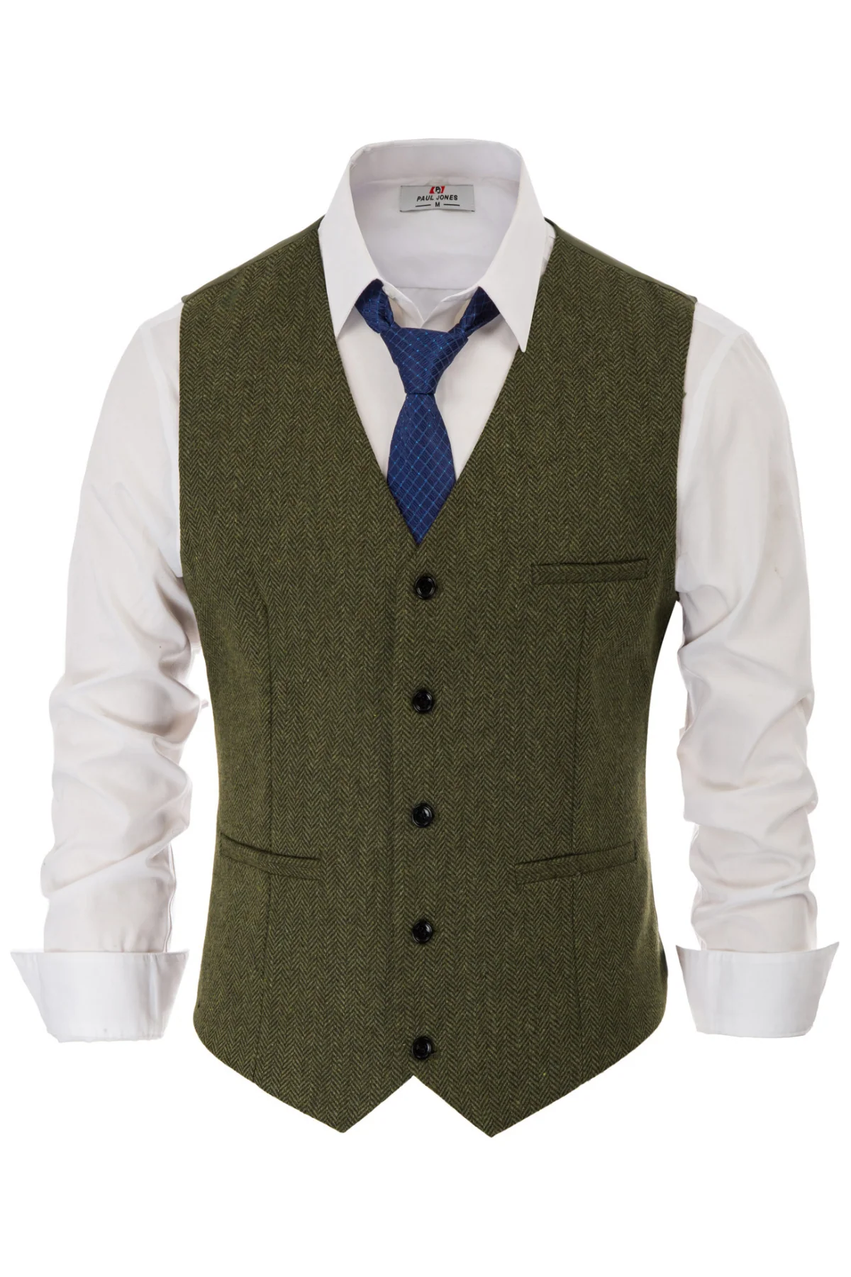 Men's Western Herringbone Tweed Suit Vest Wool Blend V Neck Slim Fit Waistcoat - Image 3