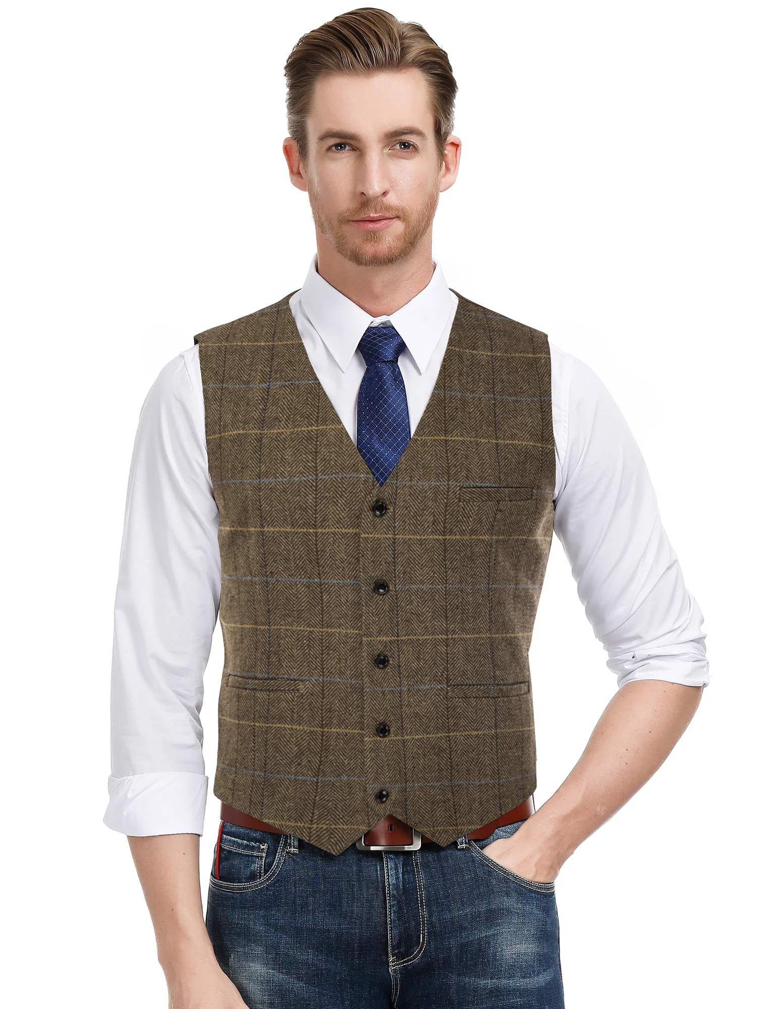 Men's Western Herringbone Tweed Suit Vest Wool Blend V Neck Slim Fit Waistcoat - Image 36