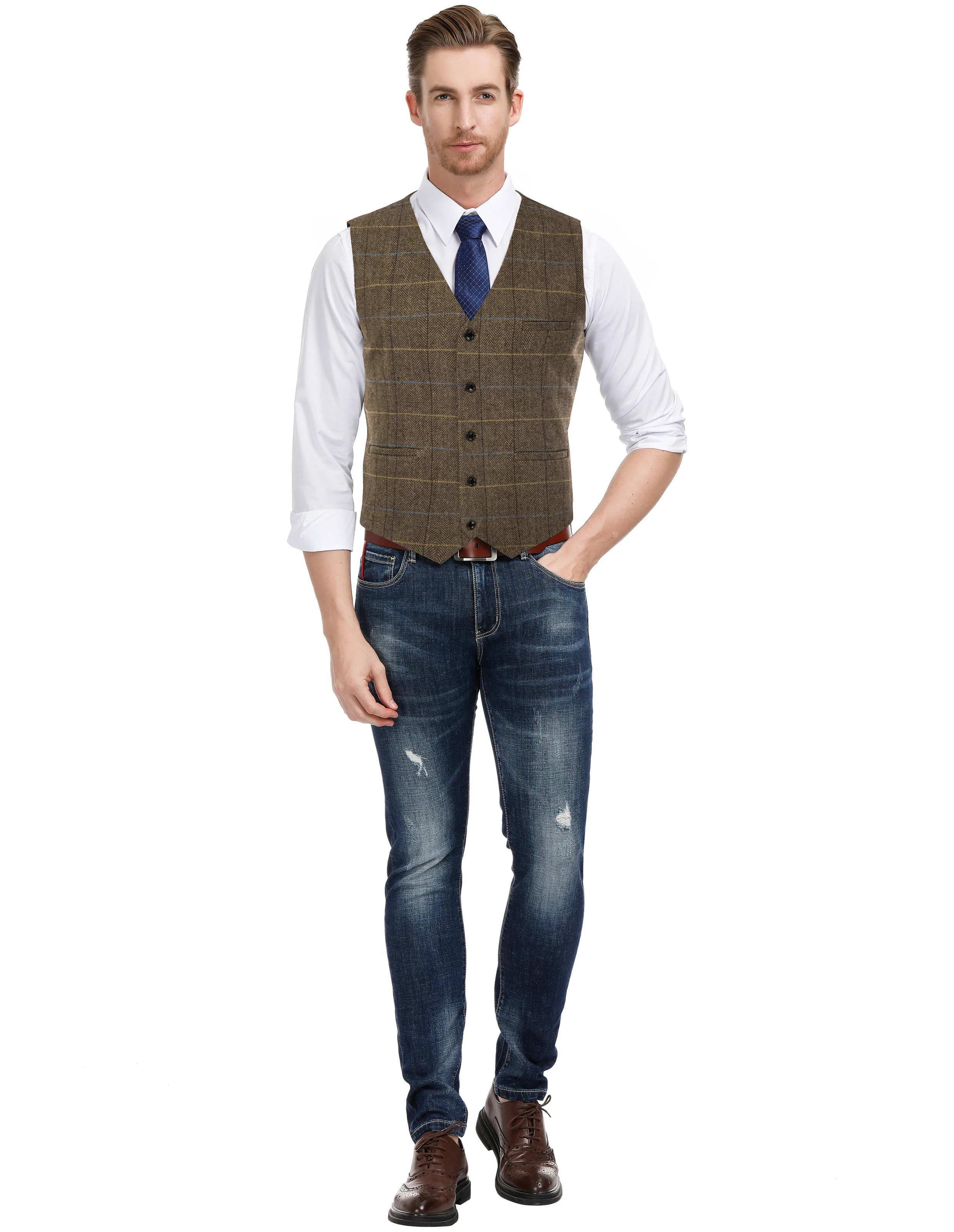 Men's Western Herringbone Tweed Suit Vest Wool Blend V Neck Slim Fit Waistcoat - Image 37