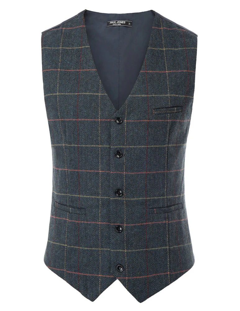 Men's Western Herringbone Tweed Suit Vest Wool Blend V Neck Slim Fit Waistcoat - Image 41