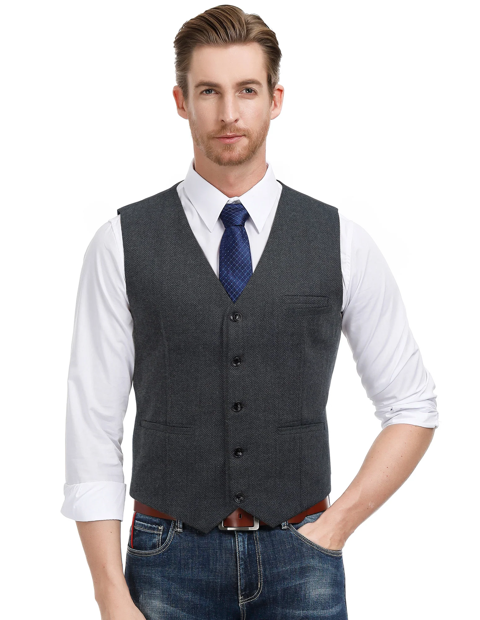 Men's Western Herringbone Tweed Suit Vest Wool Blend V Neck Slim Fit Waistcoat - Image 48