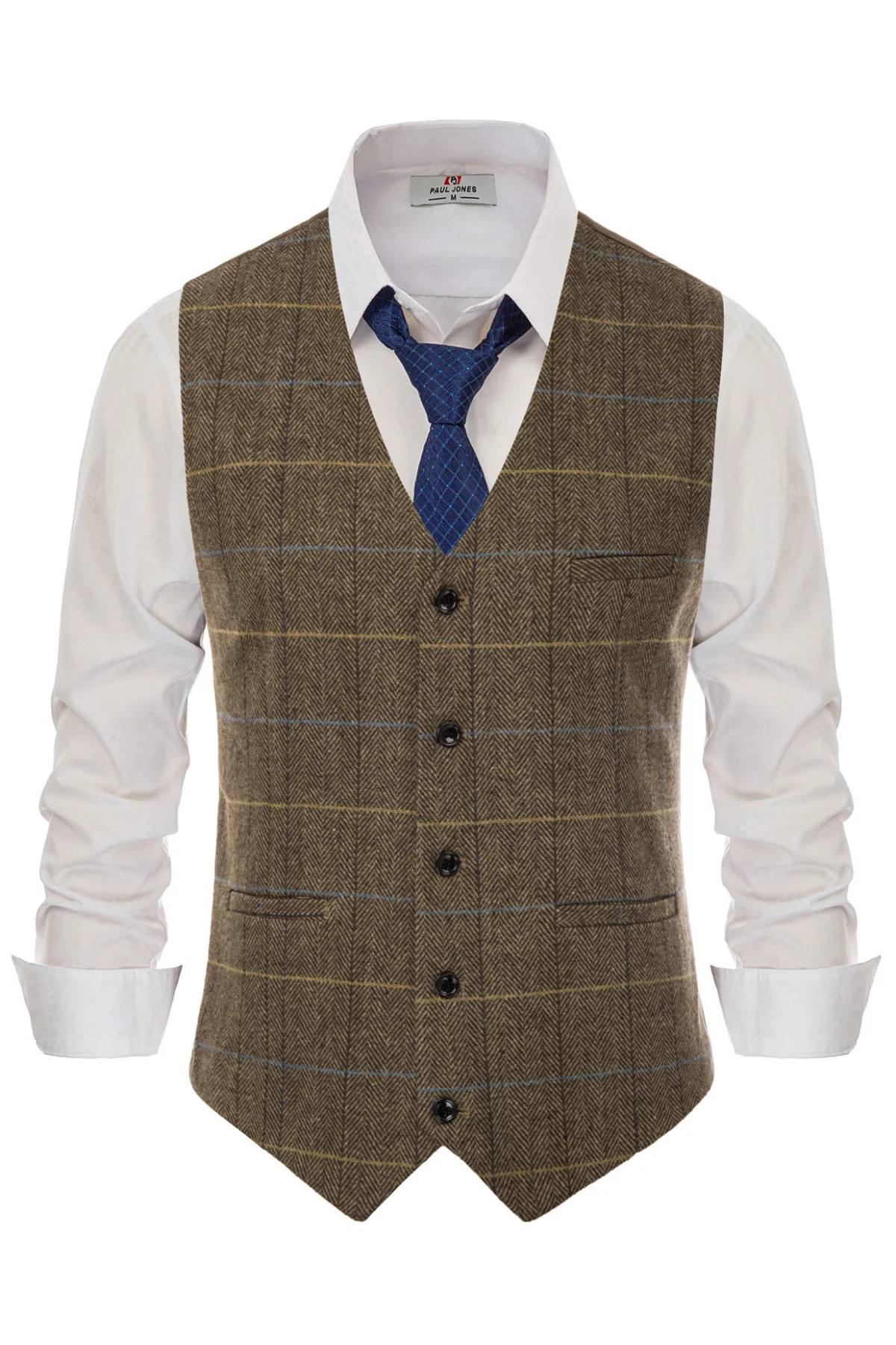 Men's Western Herringbone Tweed Suit Vest Wool Blend V Neck Slim Fit Waistcoat - Image 51