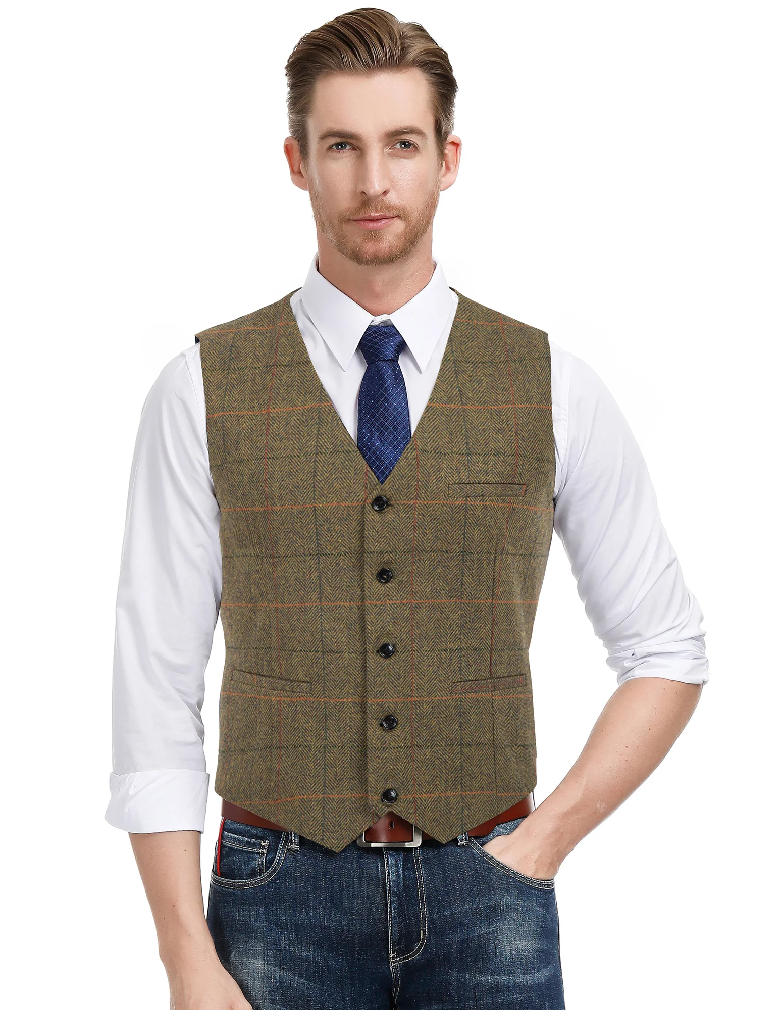 Men's Western Herringbone Tweed Suit Vest Wool Blend V Neck Slim Fit Waistcoat - Image 54