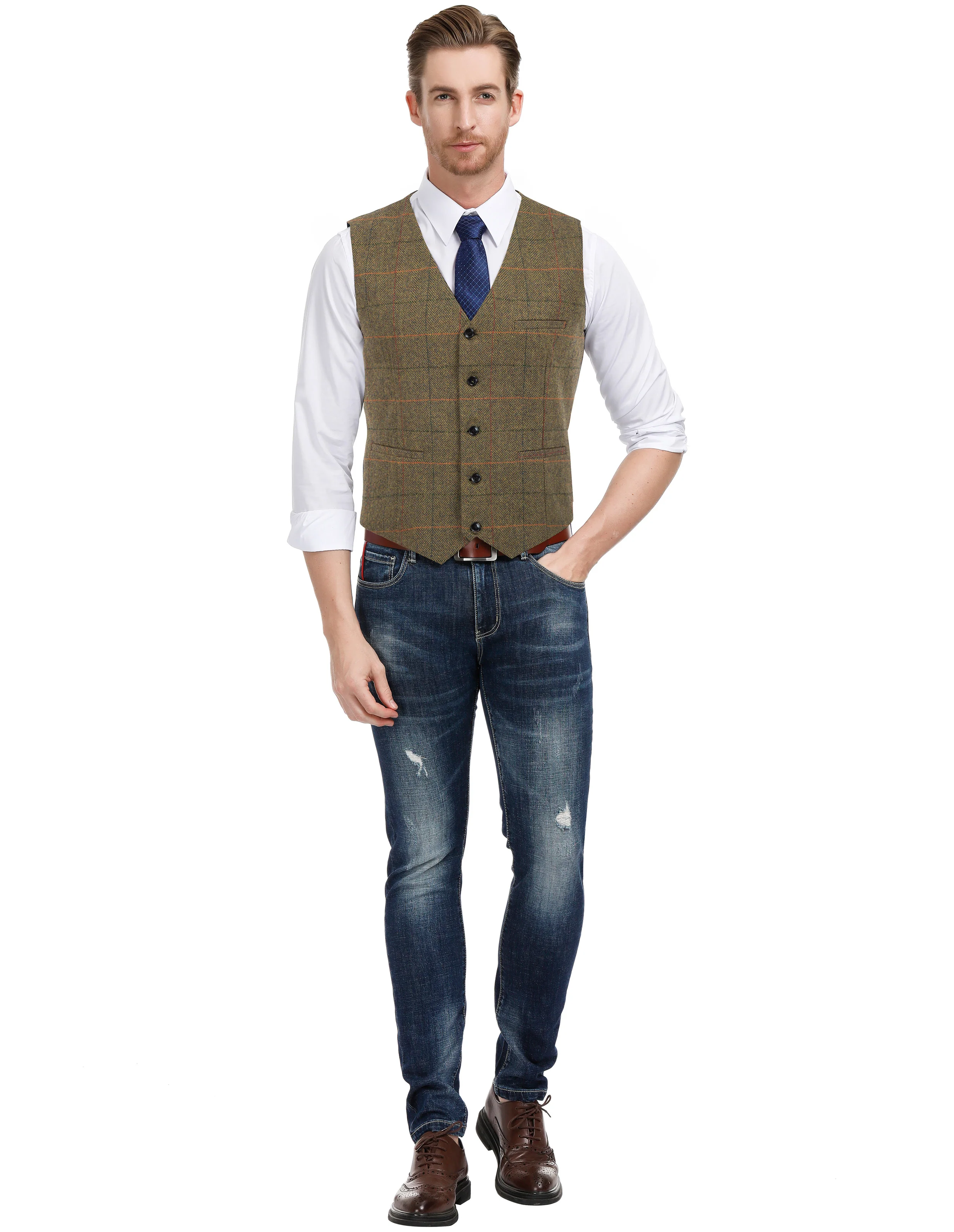 Men's Western Herringbone Tweed Suit Vest Wool Blend V Neck Slim Fit Waistcoat - Image 55