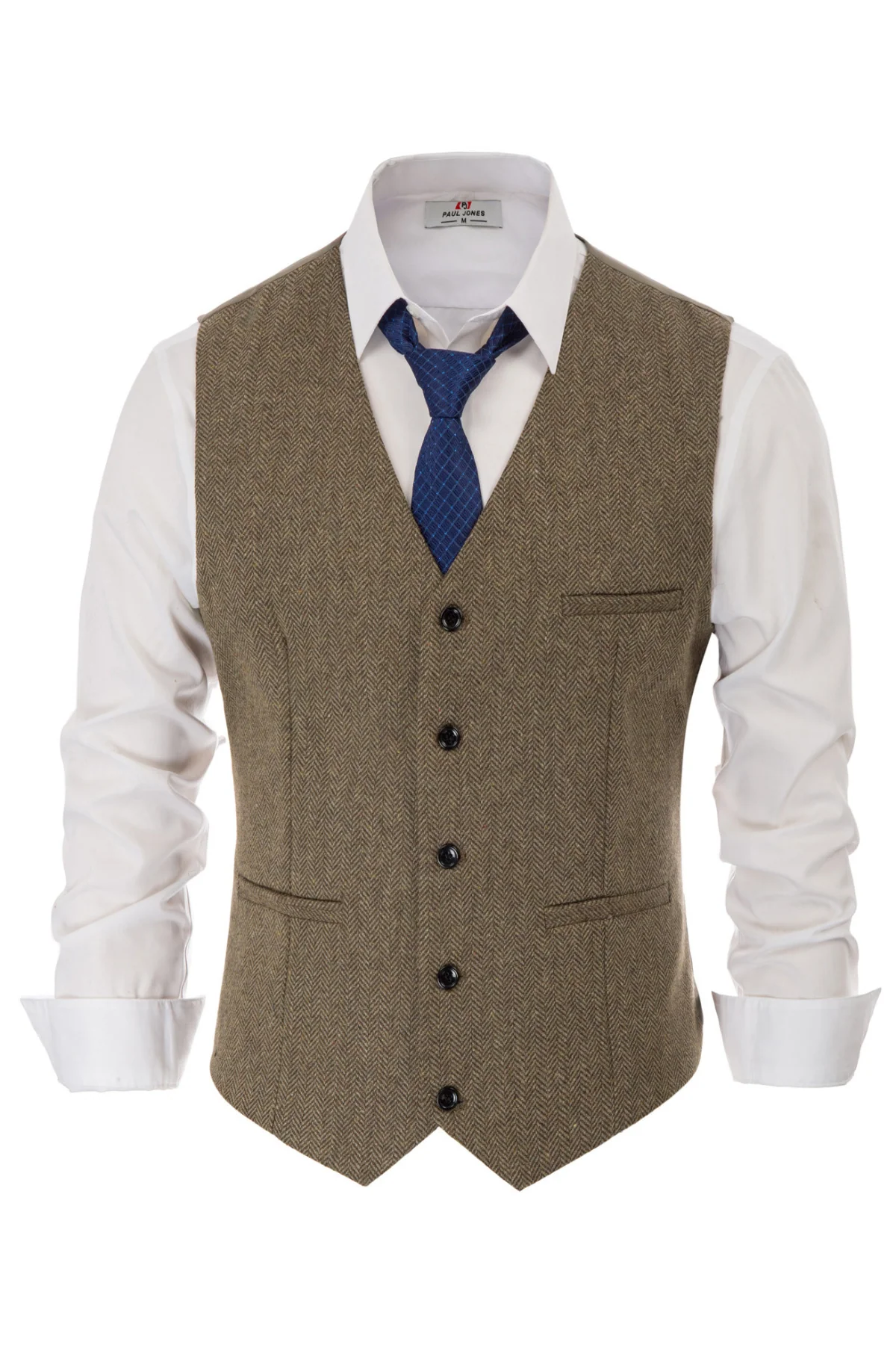 Men's Western Herringbone Tweed Suit Vest Wool Blend V Neck Slim Fit Waistcoat - Image 9