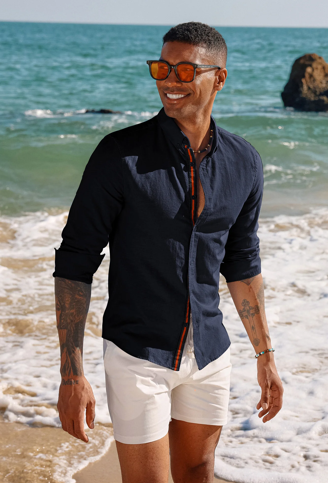 PJ Men Breathable Cotton & Linen Shirt Long Sleeve Button-Down Collar Tops - Image 11