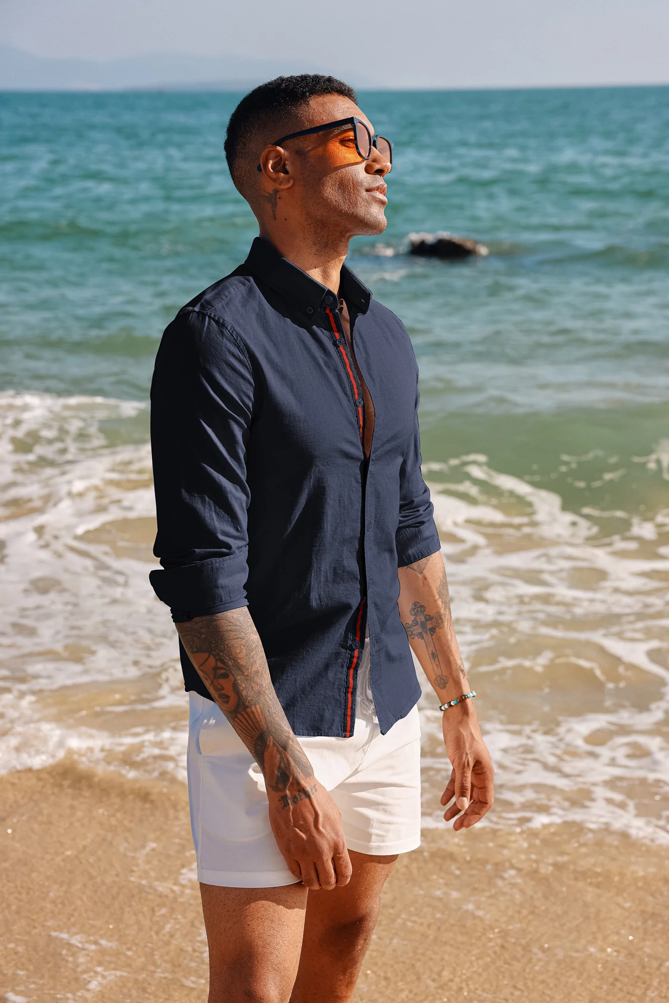 PJ Men Breathable Cotton & Linen Shirt Long Sleeve Button-Down Collar Tops - Image 12