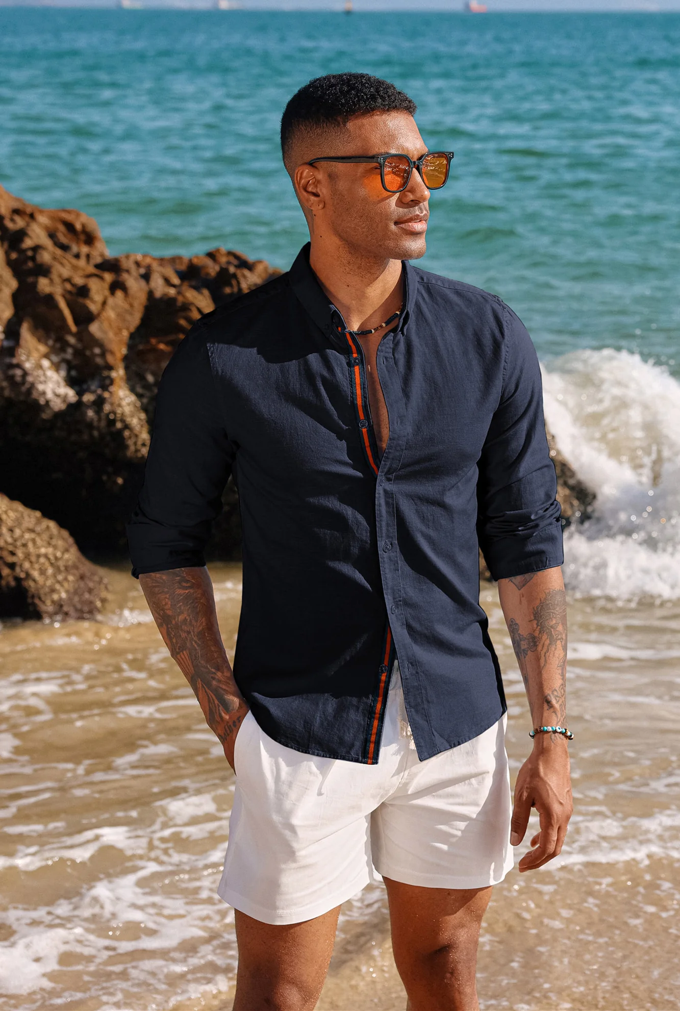 PJ Men Breathable Cotton & Linen Shirt Long Sleeve Button-Down Collar Tops - Image 13