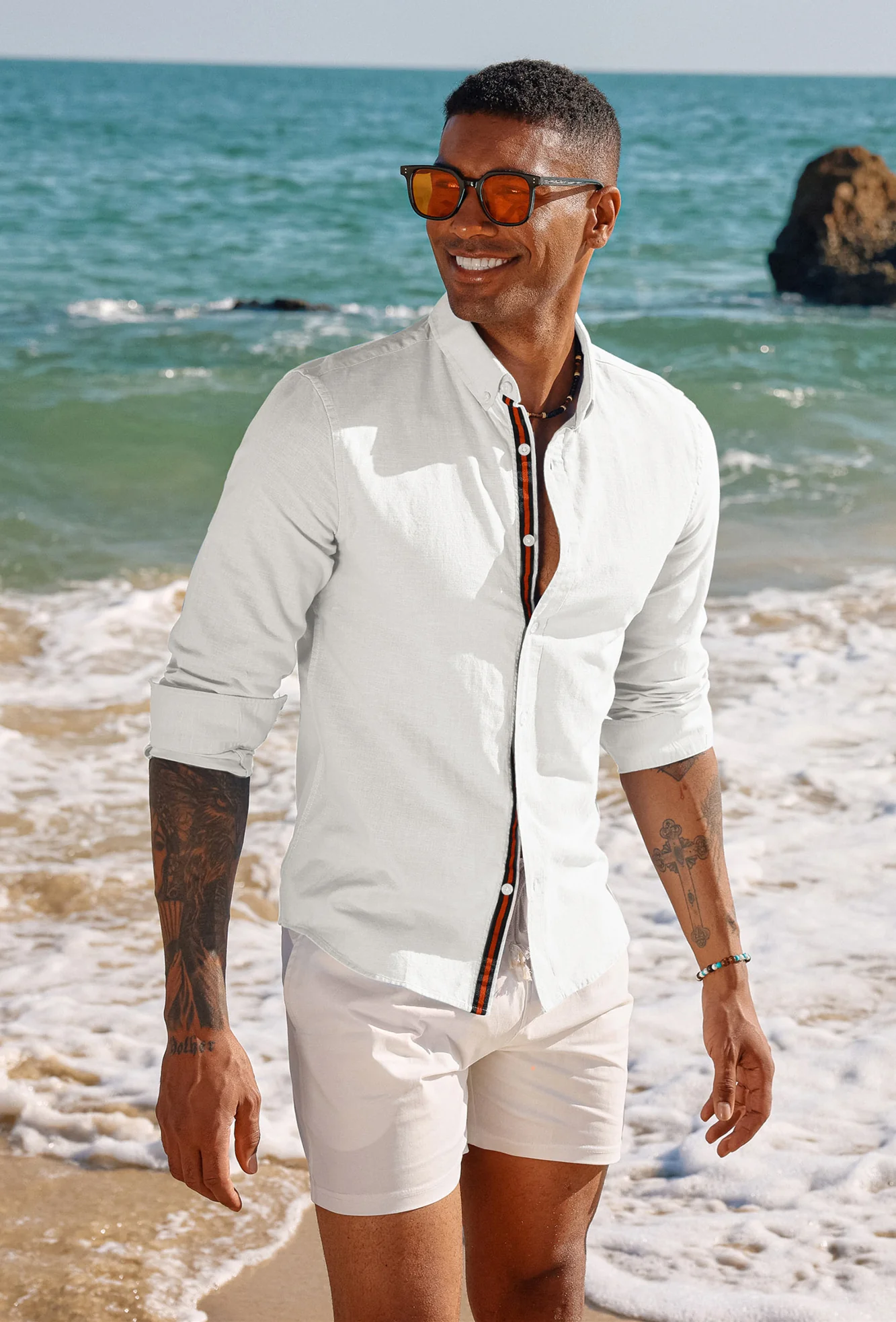 PJ Men Breathable Cotton & Linen Shirt Long Sleeve Button-Down Collar Tops - Image 23