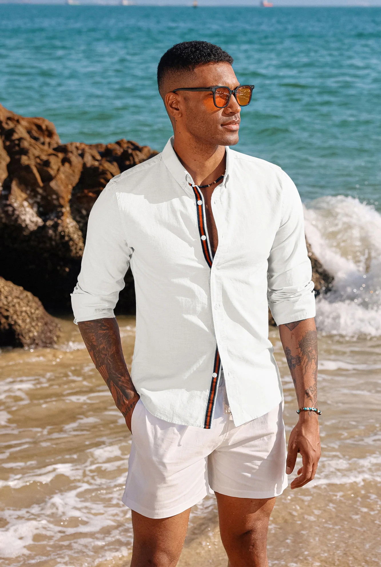 PJ Men Breathable Cotton & Linen Shirt Long Sleeve Button-Down Collar Tops - Image 24