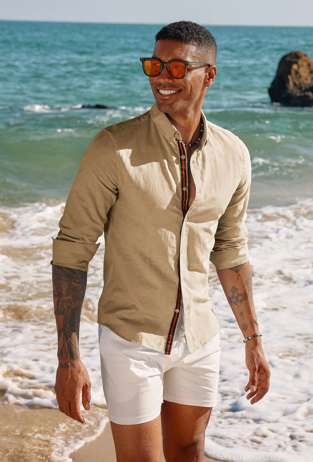 PJ Men Breathable Cotton & Linen Shirt Long Sleeve Button-Down Collar Tops - Image 27