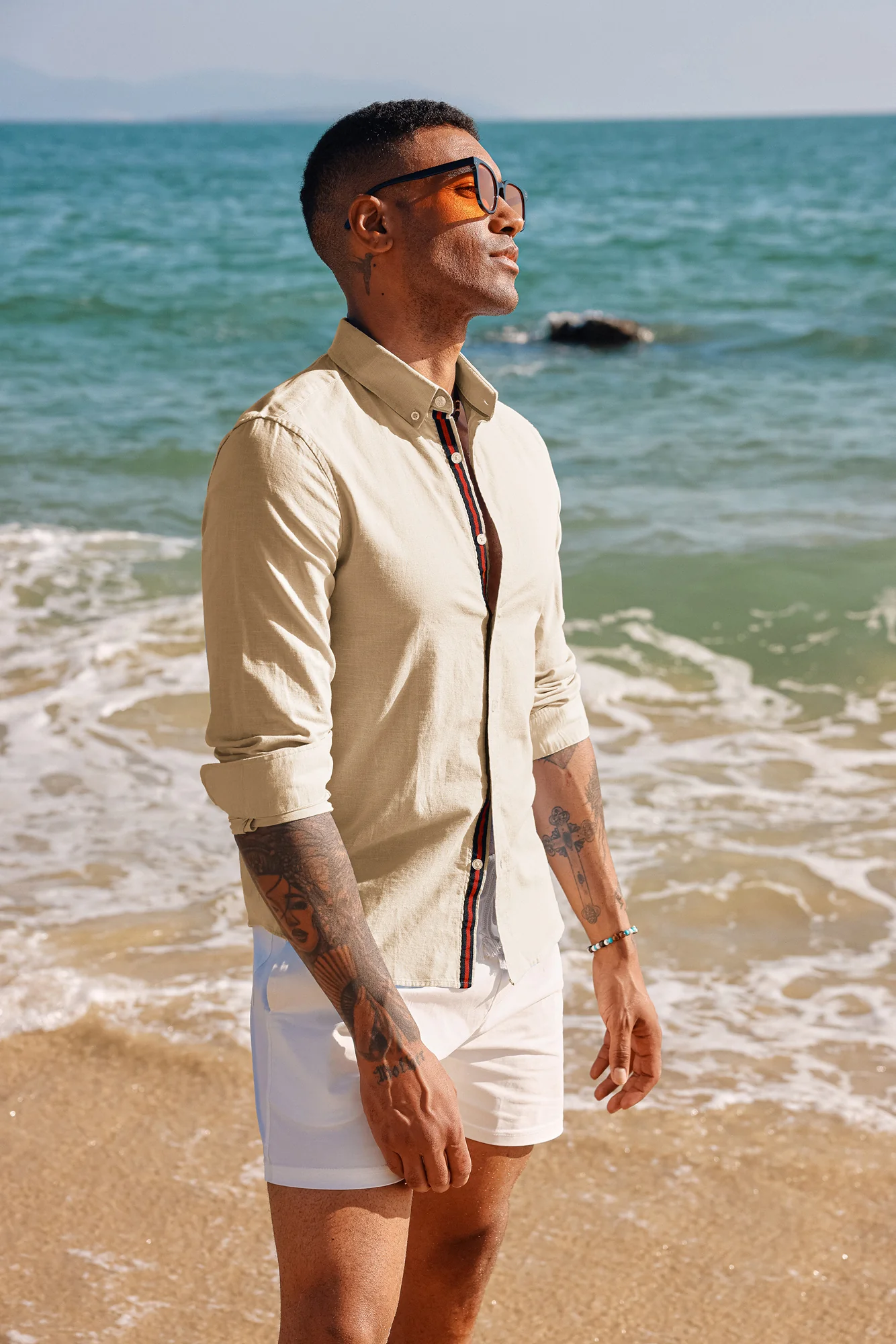 PJ Men Breathable Cotton & Linen Shirt Long Sleeve Button-Down Collar Tops - Image 30