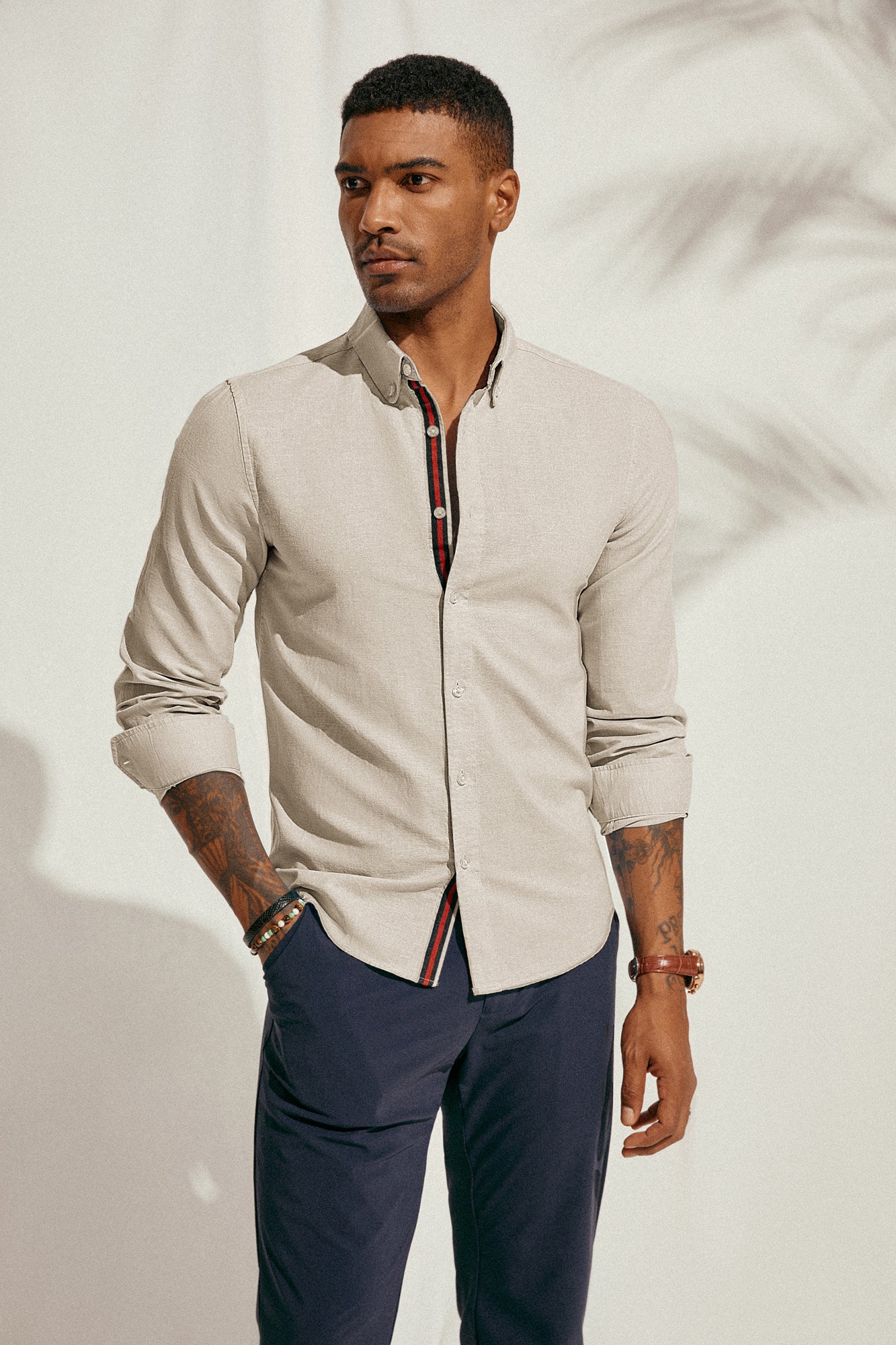 PJ Men Breathable Cotton & Linen Shirt Long Sleeve Button-Down Collar Tops - Image 31
