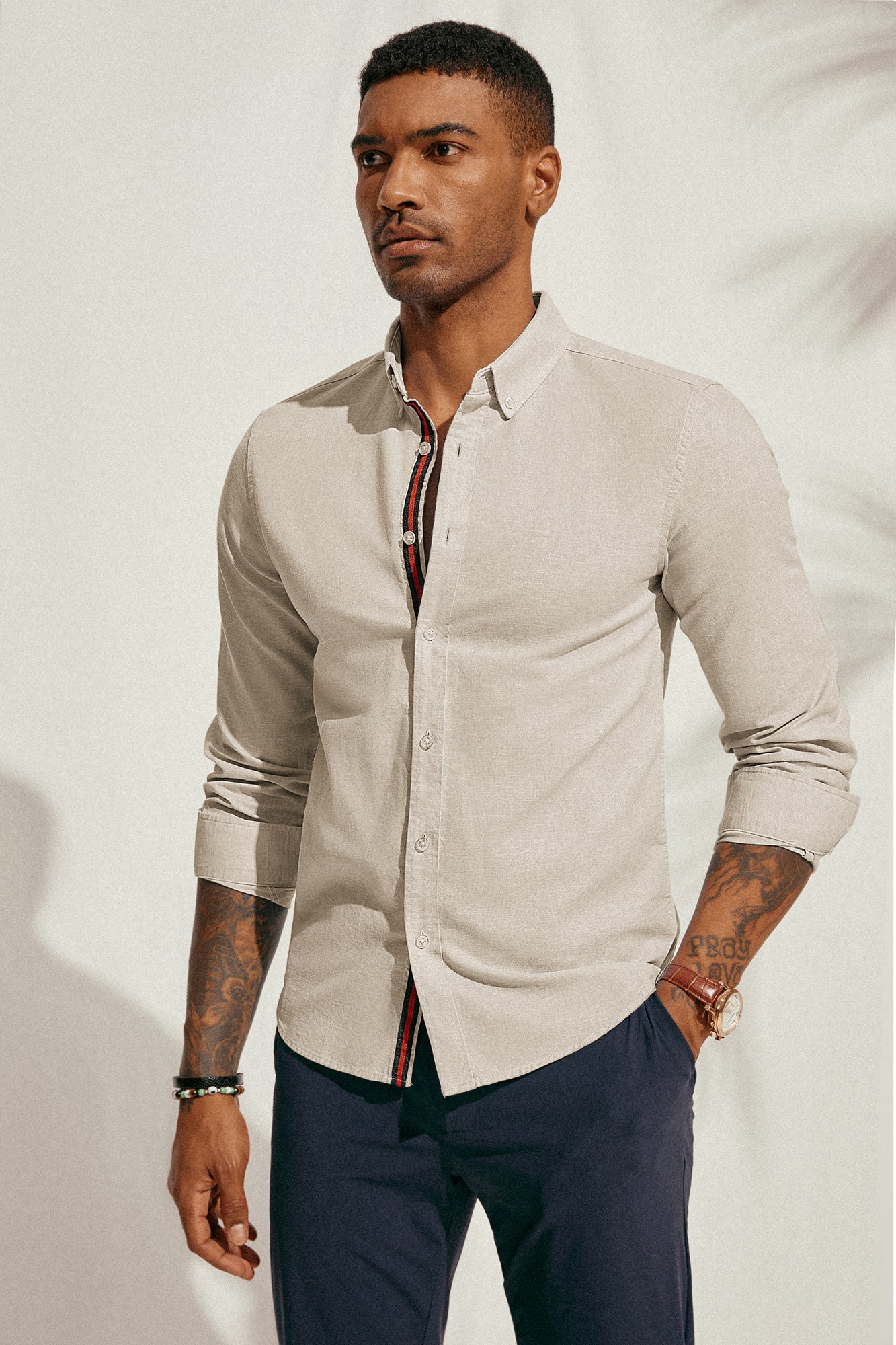 PJ Men Breathable Cotton & Linen Shirt Long Sleeve Button-Down Collar Tops - Image 34