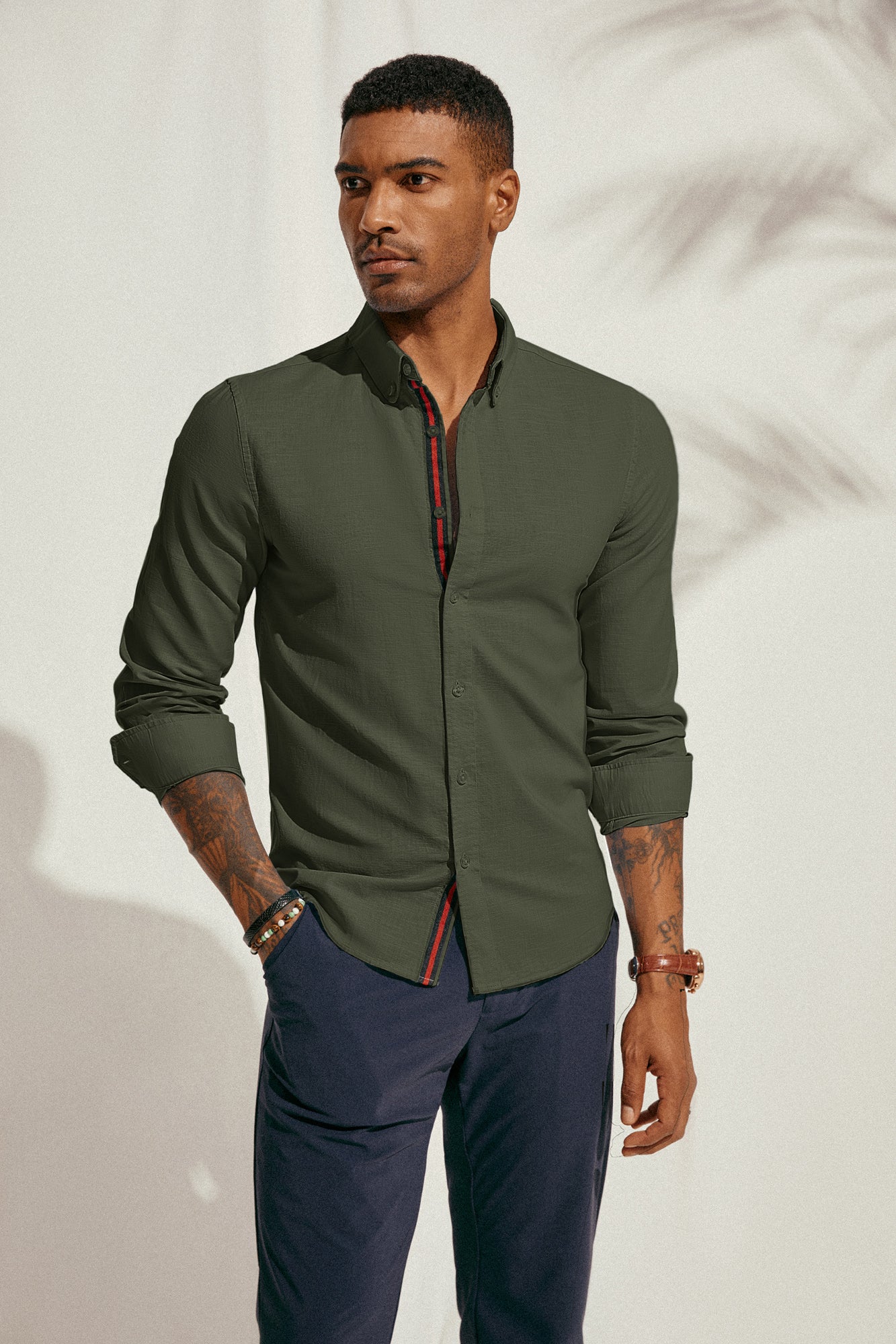 PJ Men Breathable Cotton & Linen Shirt Long Sleeve Button-Down Collar Tops - Image 39